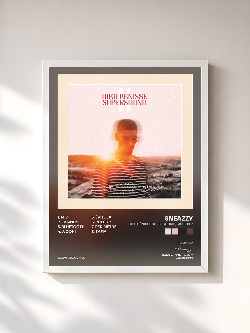 #blanc Tableau de l'album Dieu bénisse Supersound, saison 2 de Sneazzy, cadre blanc, imprimé et encadré en France