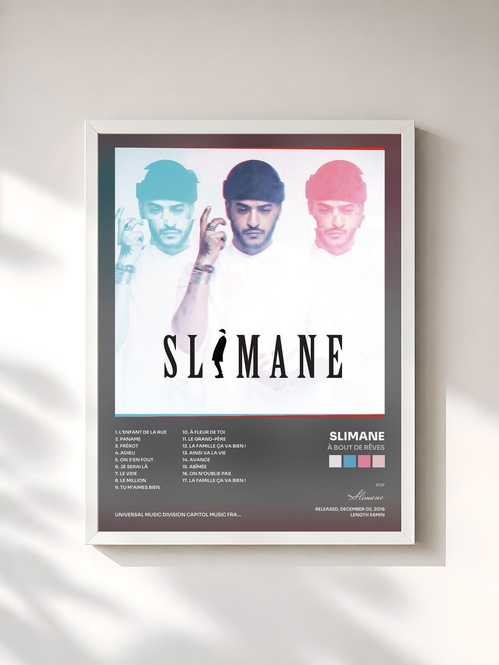 #blanc Tableau de l'album À bout de rêves de Slimane, cadre blanc, imprimé et encadré en France