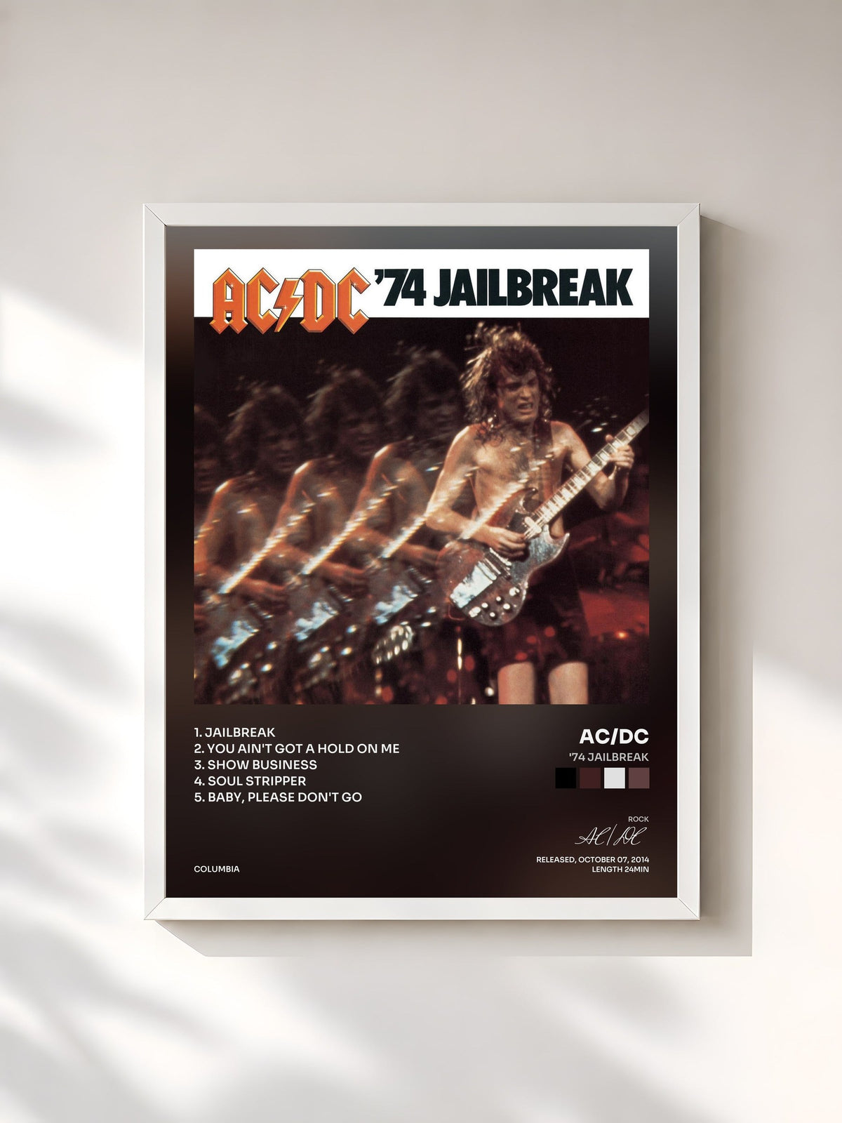 #blanc Tableau de l'album '74 Jailbreak de AC/DC, cadre blanc, imprimé et encadré en France
