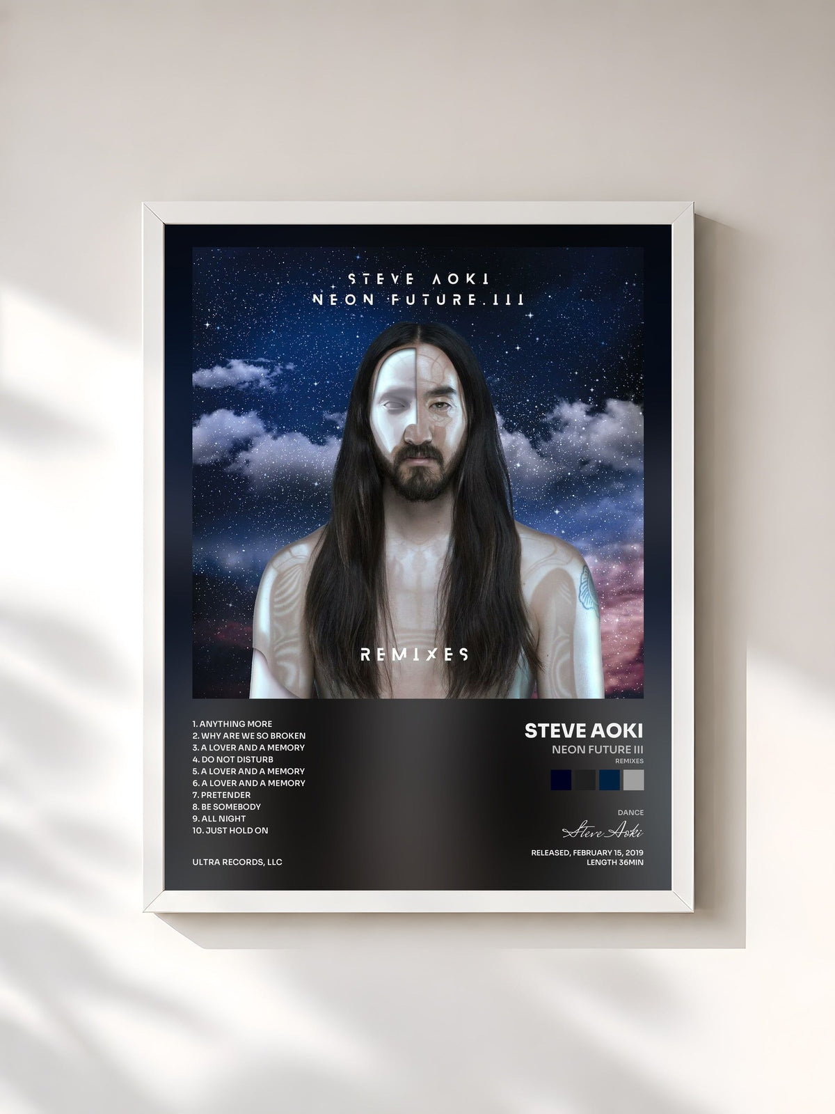 #blanc Tableau de l'album Neon Future III (Remixes) de Steve Aoki, cadre blanc, imprimé et encadré en France