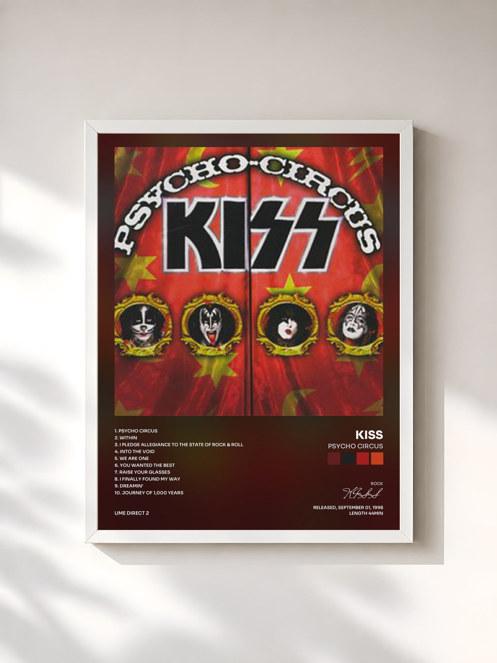 #blanc Tableau de l'album Psycho Circus de KISS, cadre blanc, imprimé et encadré en France