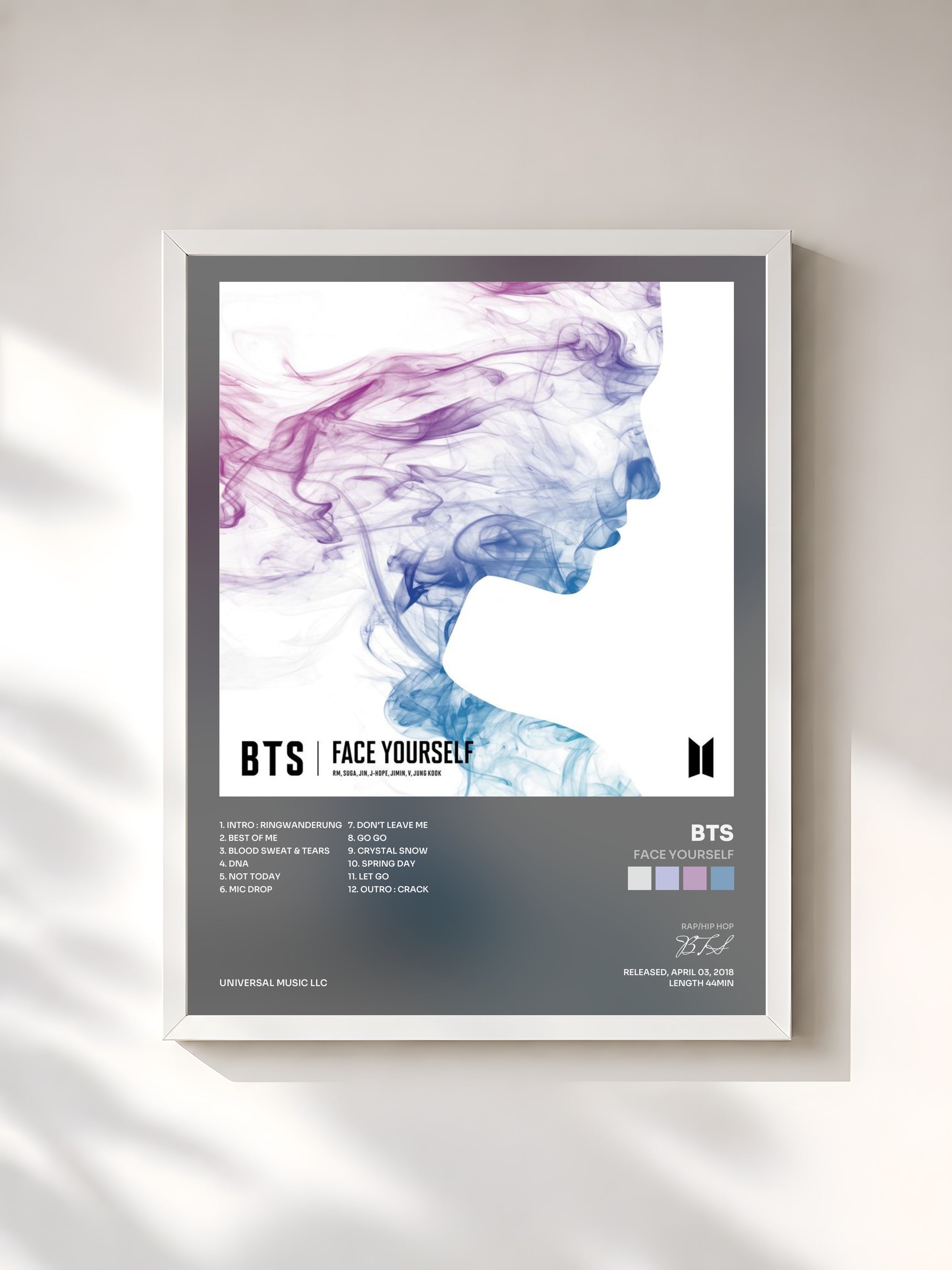 #blanc Tableau de l'album FACE YOURSELF de BTS, cadre blanc, imprimé et encadré en France