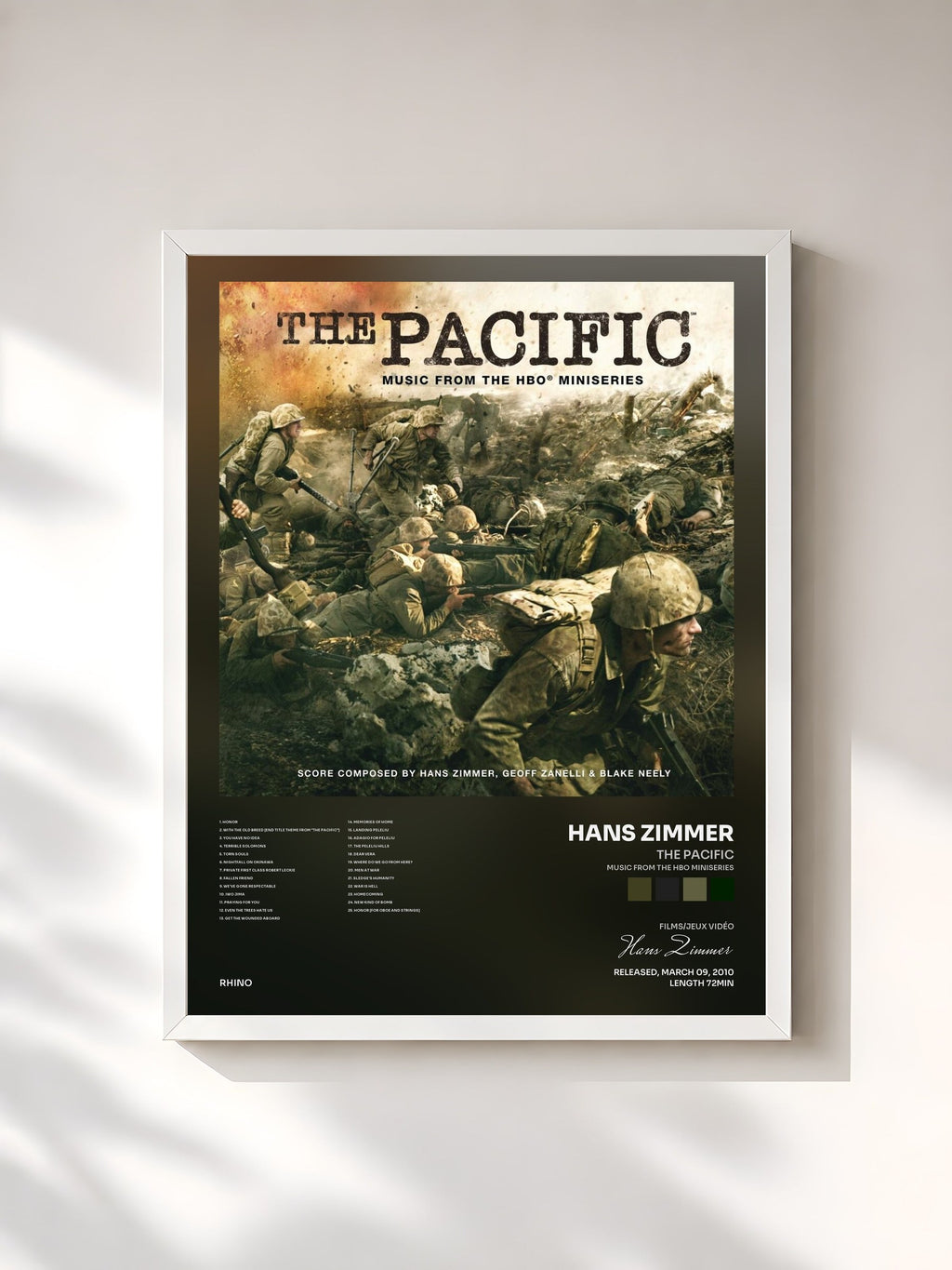 #blanc Tableau de l'album The Pacific (Music From the HBO Miniseries) de Hans Zimmer, cadre blanc, imprimé et encadré en France