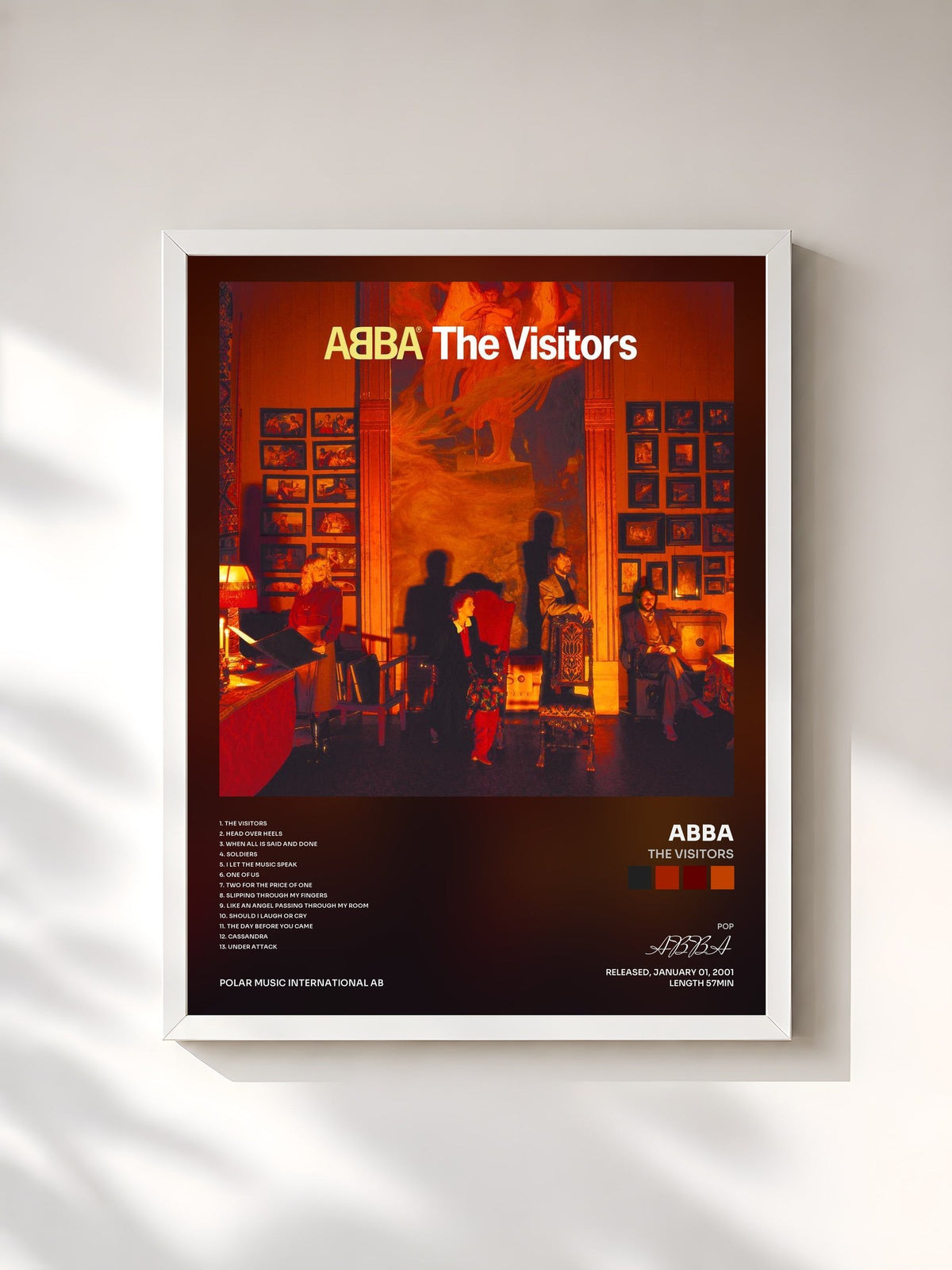 #blanc Tableau de l'album The Visitors de ABBA, cadre blanc, imprimé et encadré en France