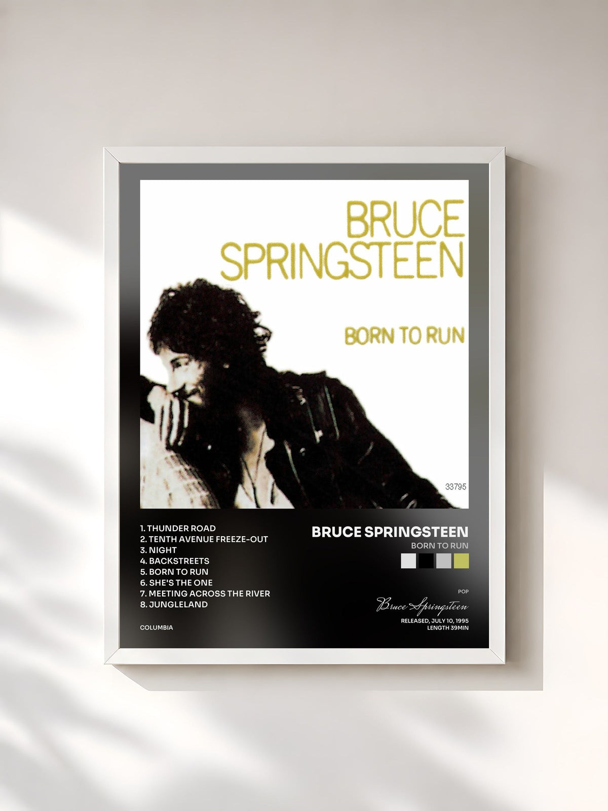 #blanc Tableau de l'album BORN TO RUN de Bruce Springsteen, cadre blanc, imprimé et encadré en France