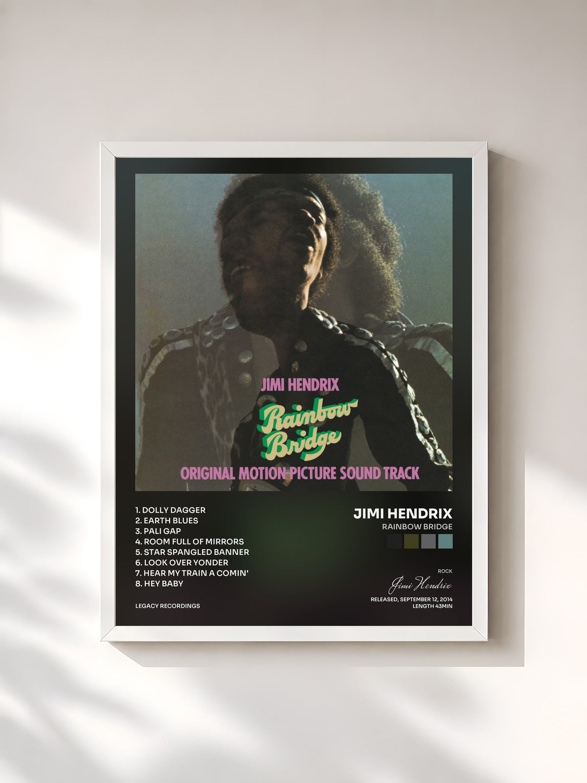#blanc Tableau de l'album Rainbow Bridge de Jimi Hendrix, cadre blanc, imprimé et encadré en France