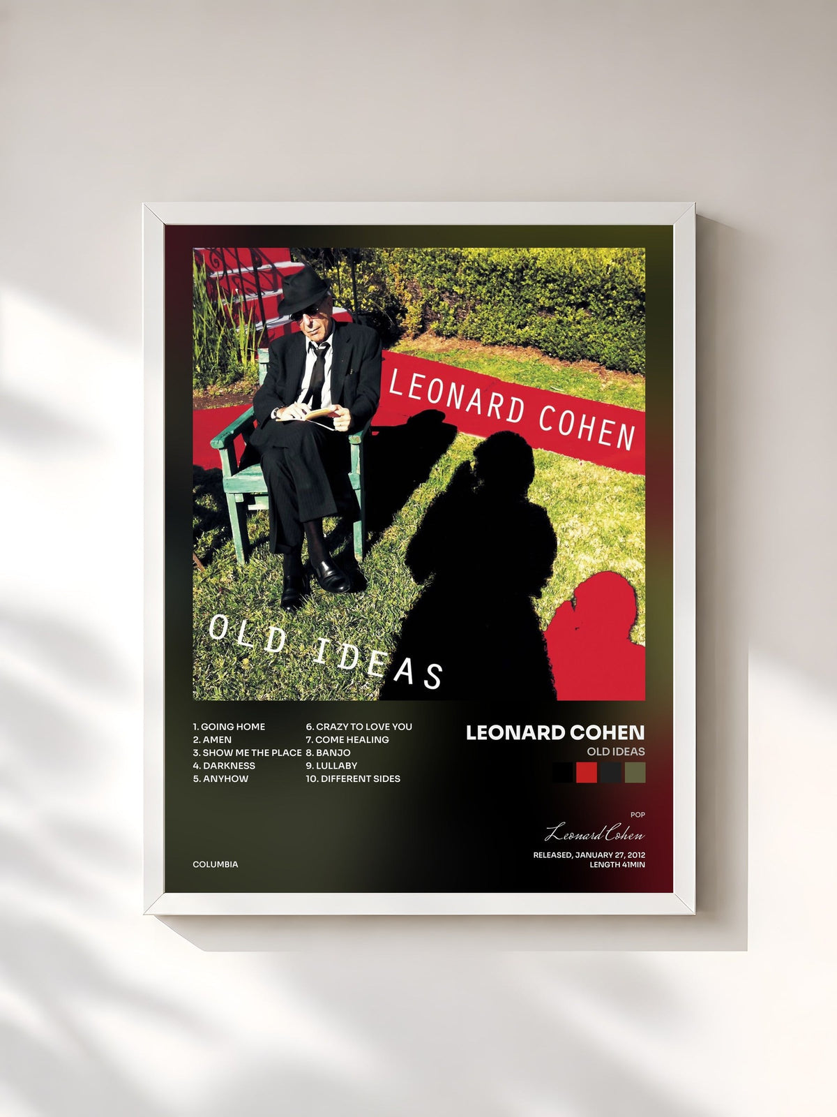 #blanc Tableau de l'album Old Ideas de Leonard Cohen, cadre blanc, imprimé et encadré en France