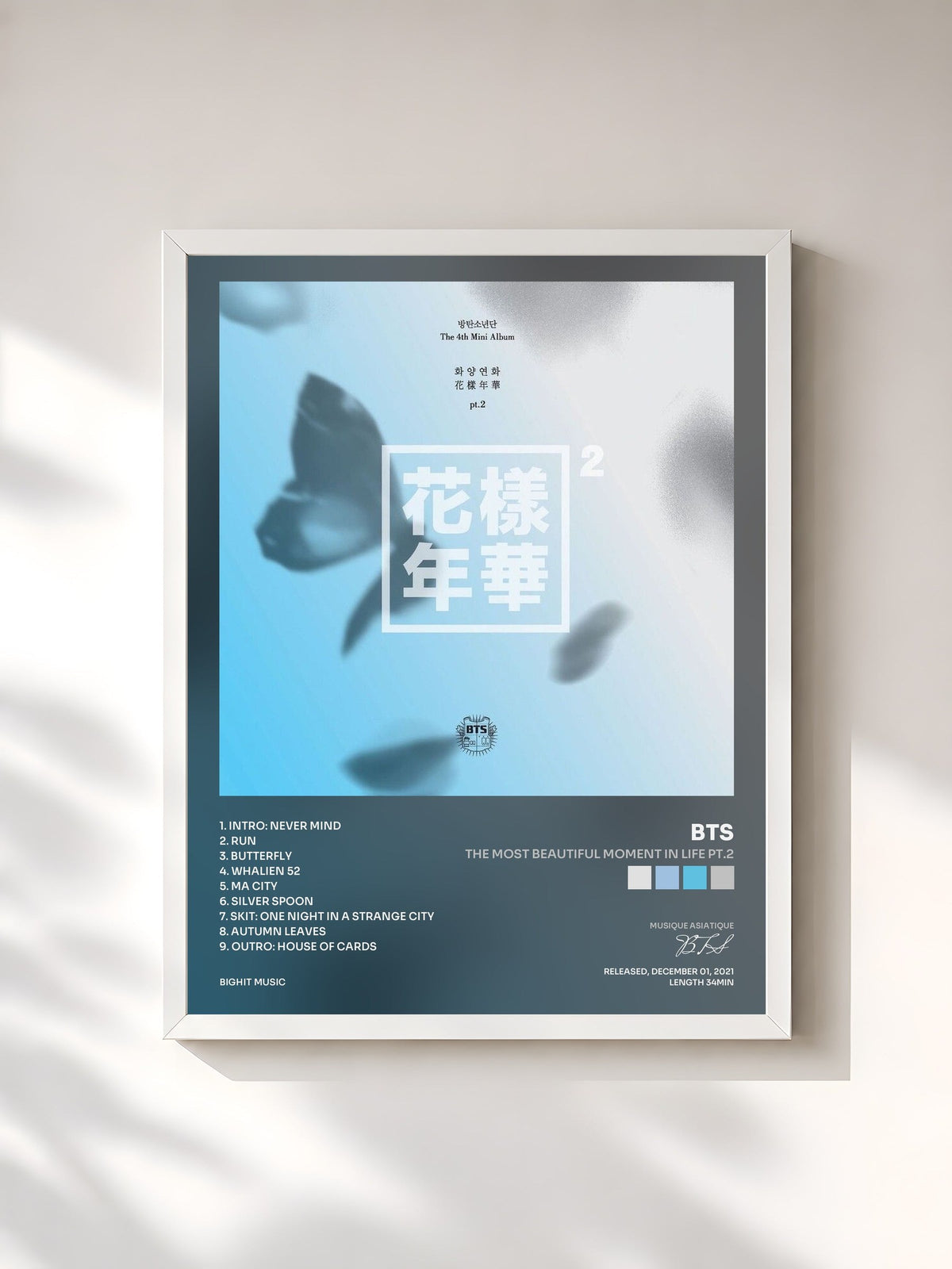 #blanc Tableau de l'album The Most Beautiful Moment in Life Pt.2 de BTS, cadre blanc, imprimé et encadré en France