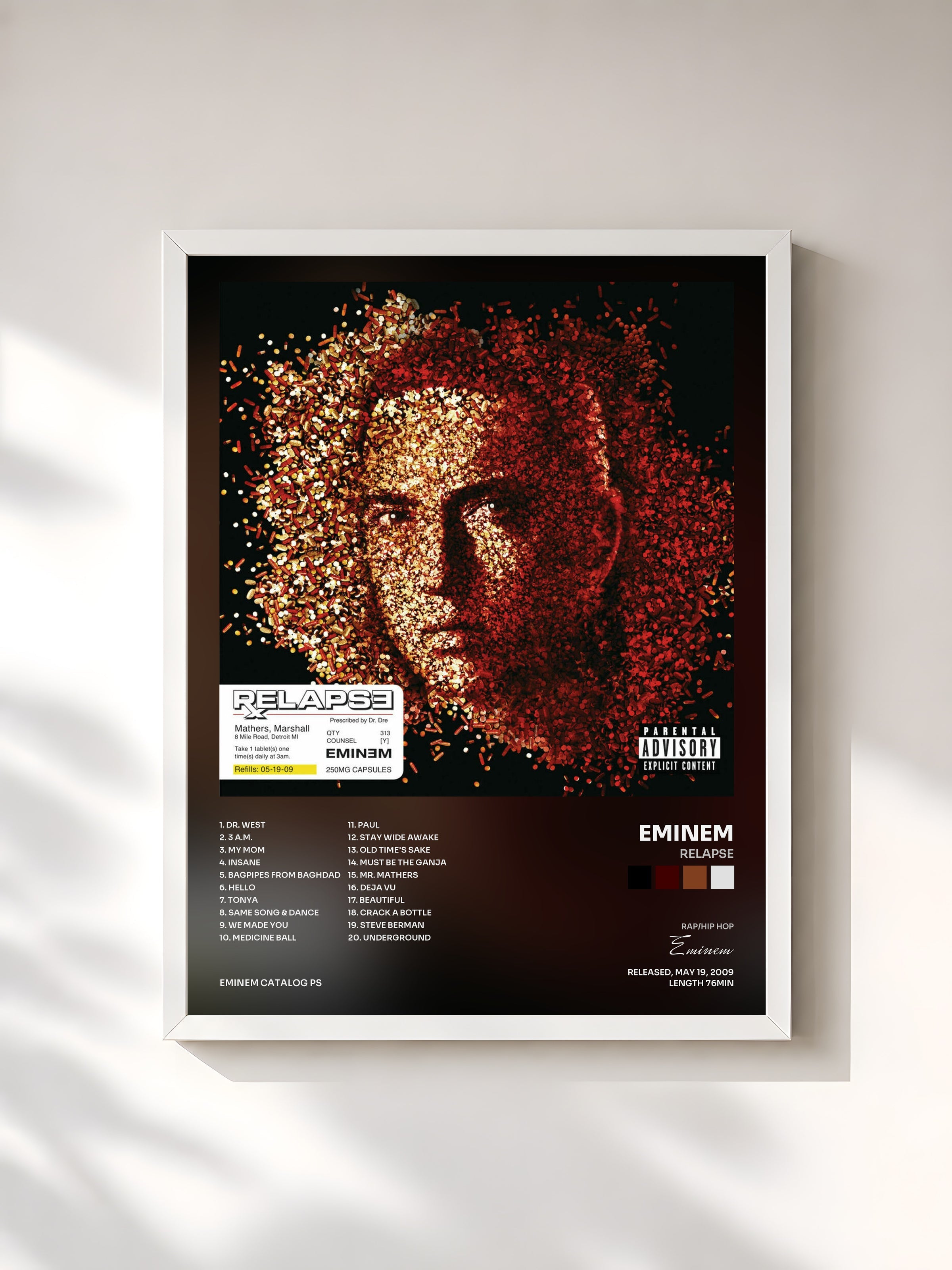 #blanc Tableau de l'album Relapse de Eminem, cadre blanc, imprimé et encadré en France