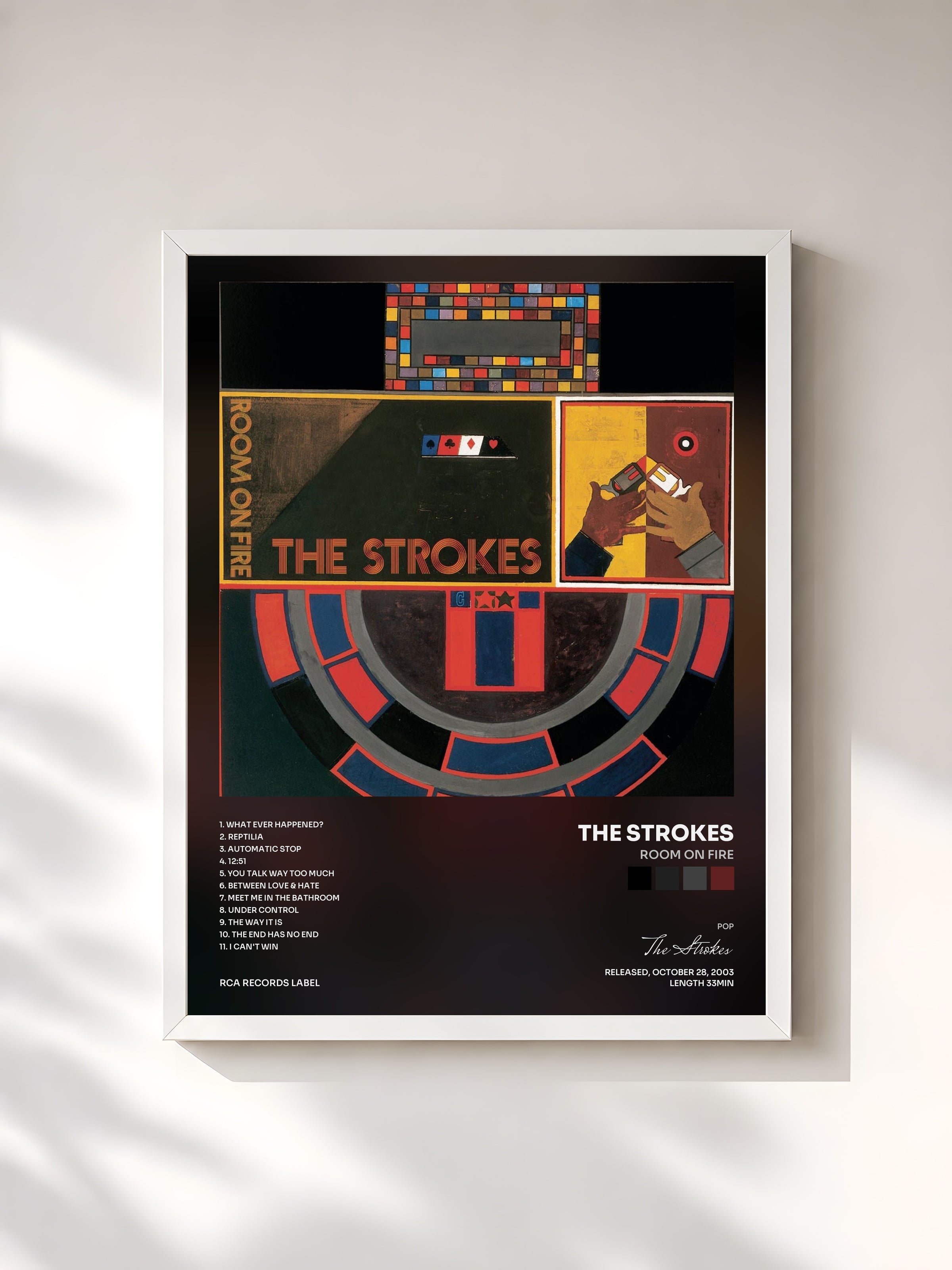 #blanc Room On Fire by The Strokes as a framed art print, white frame, printed and framed in France