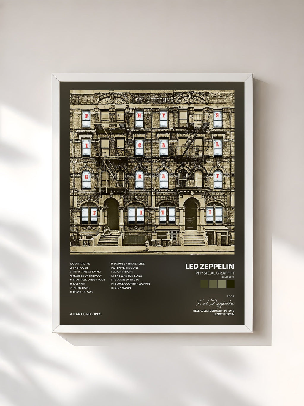 #blanc Tableau de l'album Physical Graffiti (Remaster) de Led Zeppelin, cadre blanc, imprimé et encadré en France