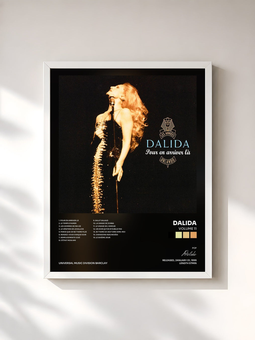 #blanc Volume 11 de Dalida en lámina enmarcada, marco blanco, impresa y enmarcada en Francia