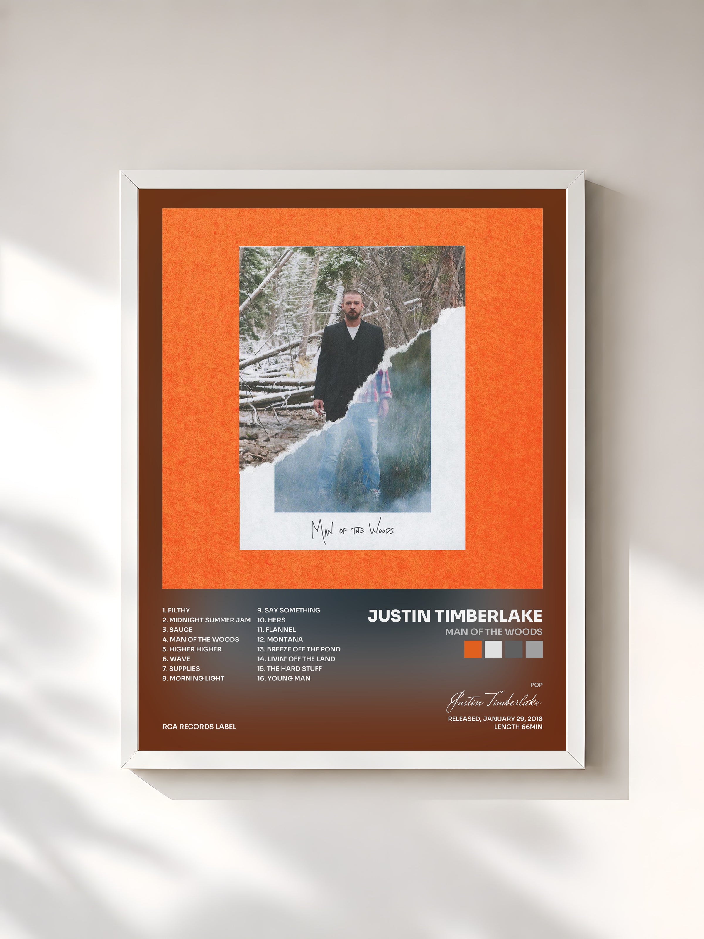 #blanc Man of the Woods by Justin Timberlake as a framed art print, white frame, printed and framed in France