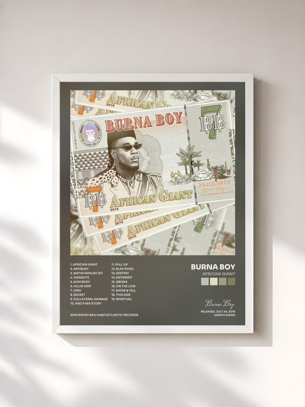 #blanc Tableau de l'album African Giant de Burna Boy, cadre blanc, imprimé et encadré en France