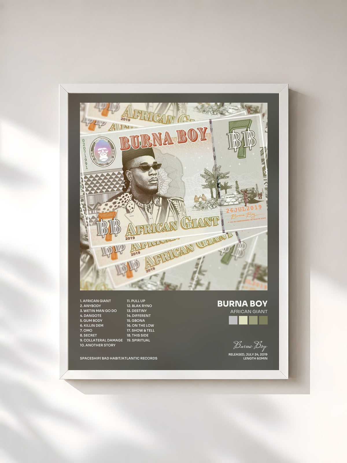 #blanc Tableau de l'album African Giant de Burna Boy, cadre blanc, imprimé et encadré en France