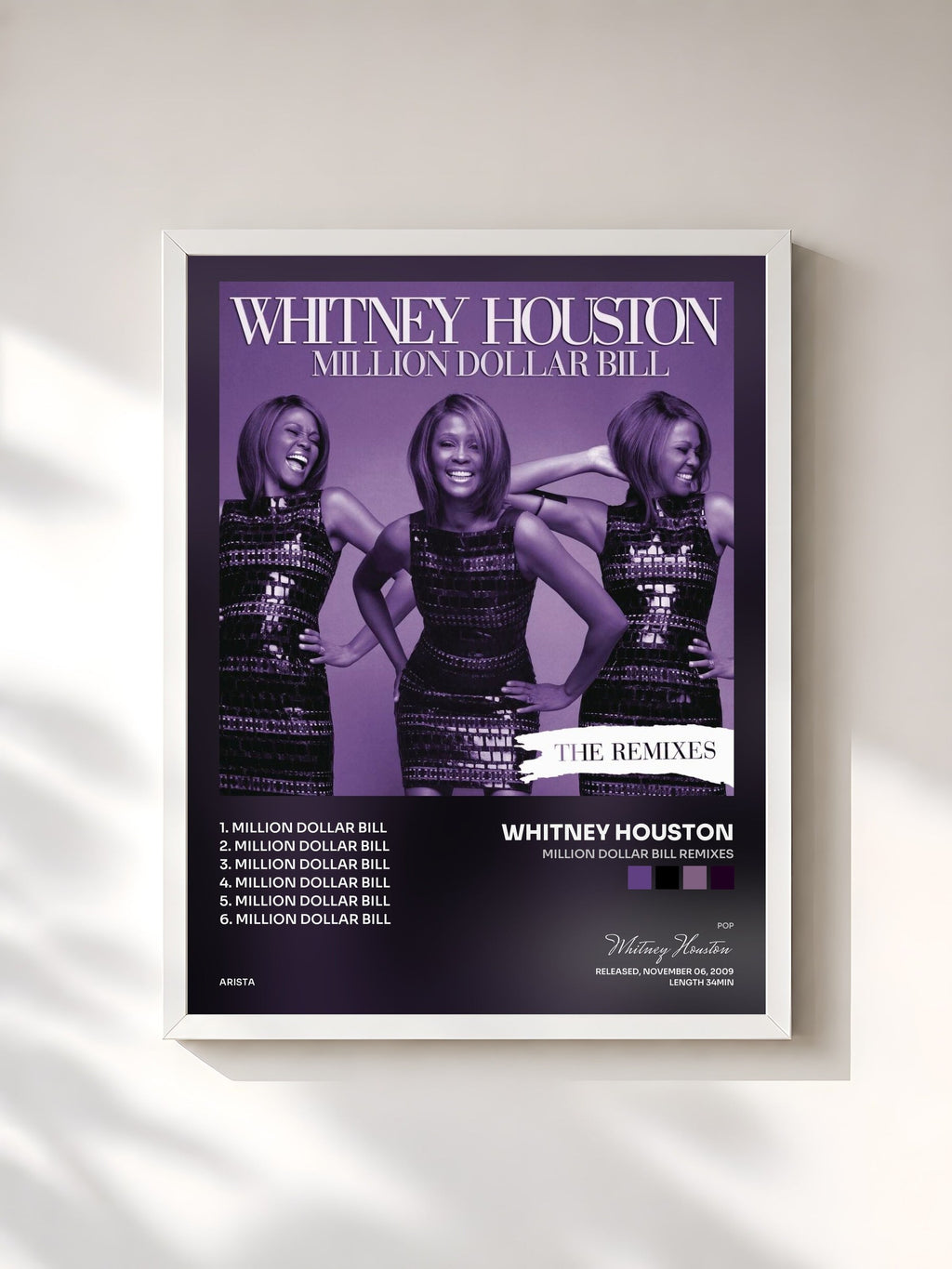 #blanc Million Dollar Bill Remixes by Whitney Houston as a framed art print, white frame, printed and framed in France