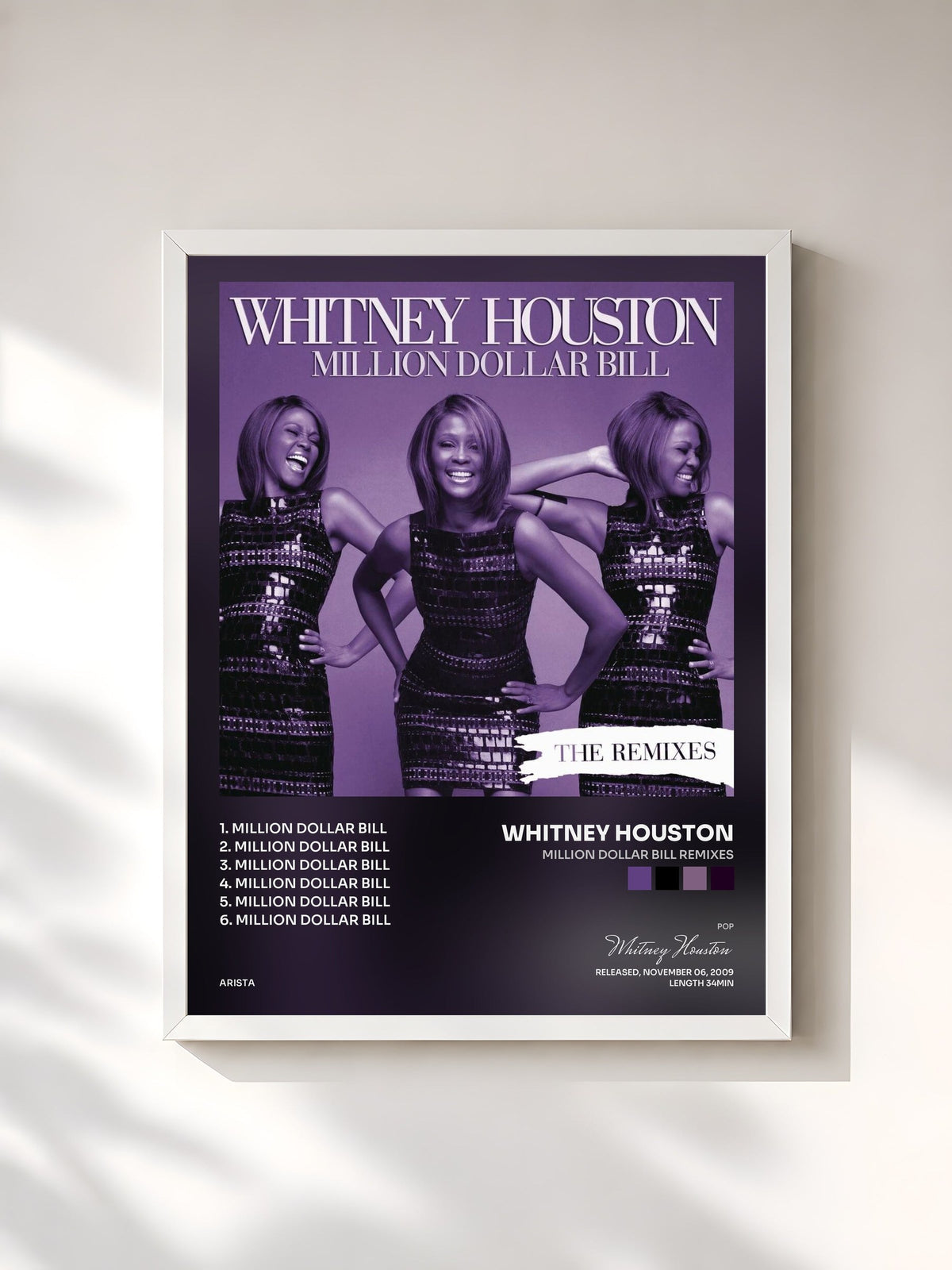#blanc Tableau de l'album Million Dollar Bill Remixes de Whitney Houston, cadre blanc, imprimé et encadré en France