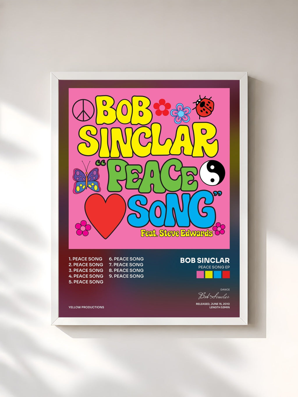 #blanc Tableau de l'album Peace Song EP de Bob Sinclar, cadre blanc, imprimé et encadré en France