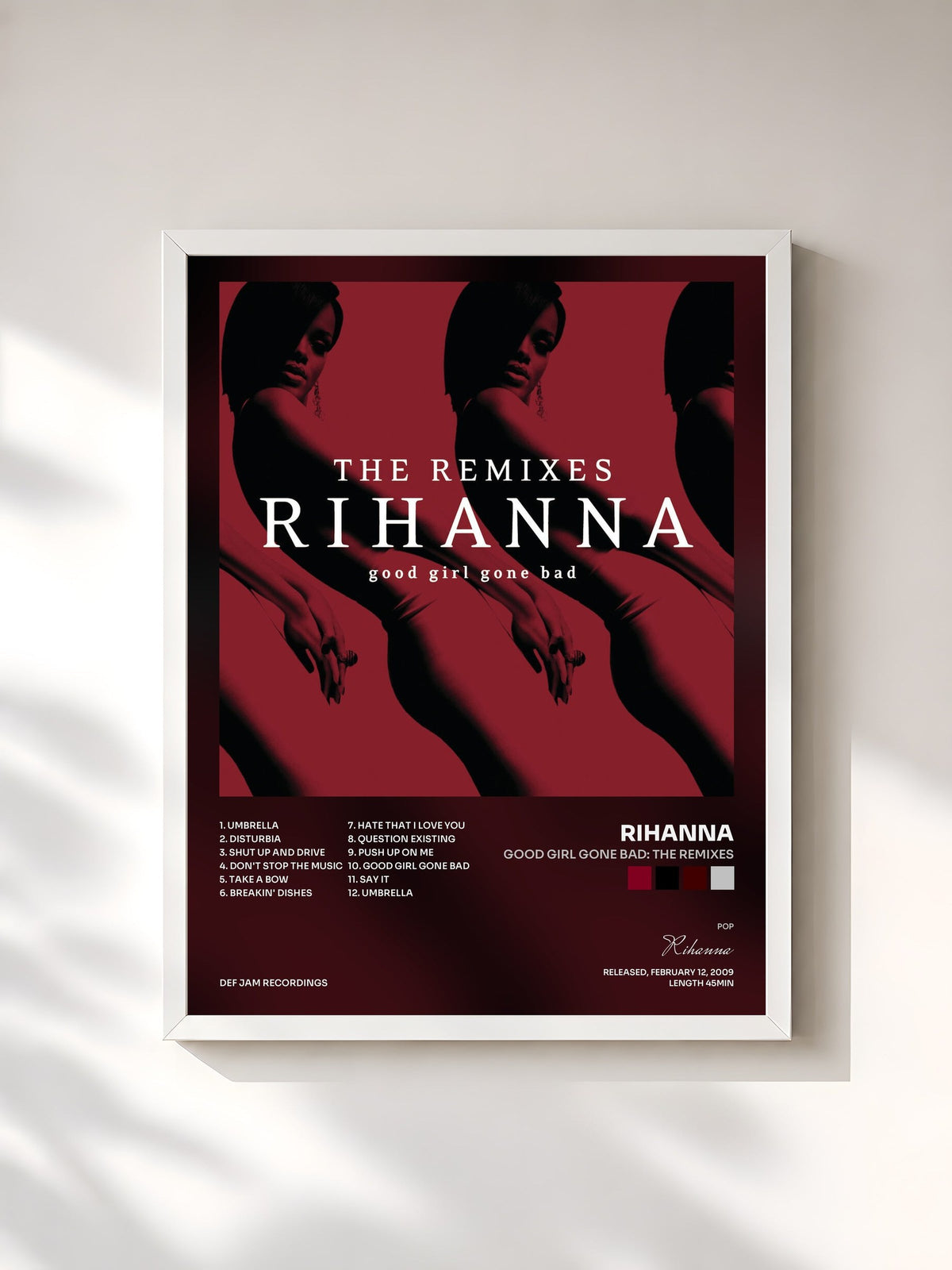 #blanc Tableau de l'album Good Girl Gone Bad: The Remixes de Rihanna, cadre blanc, imprimé et encadré en France