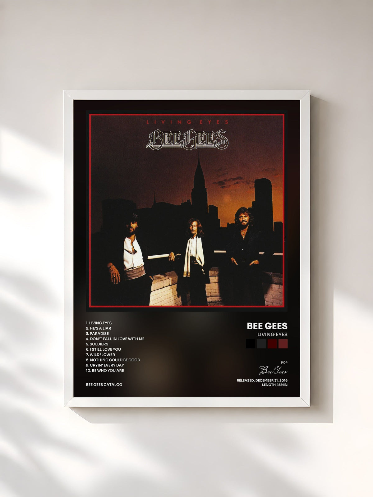 #blanc Tableau de l'album Living Eyes de Bee Gees, cadre blanc, imprimé et encadré en France