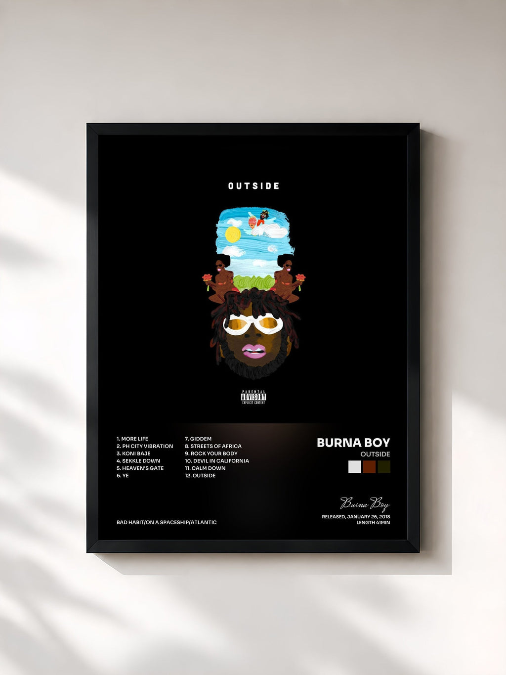 #noir Tableau de l'album Outside de Burna Boy, cadre noir, imprimé et encadré en France