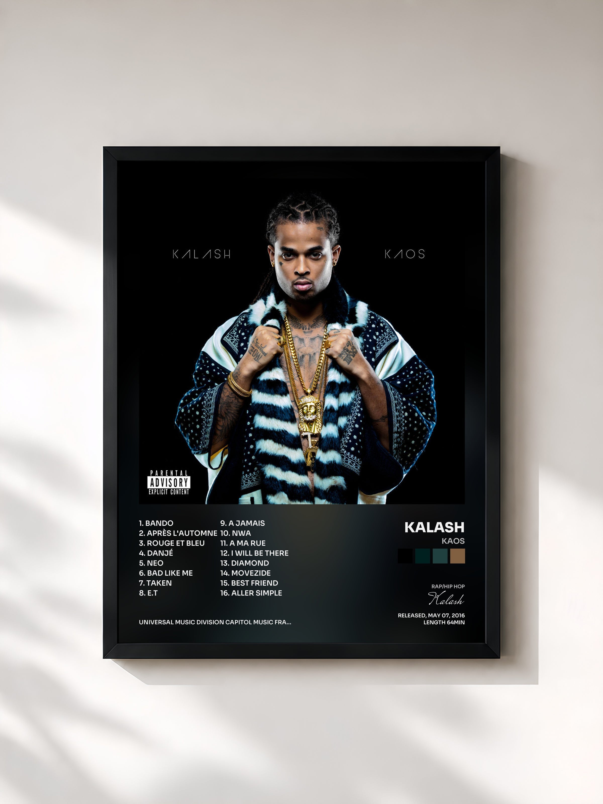 #noir Tableau de l'album Kaos de Kalash, cadre noir, imprimé et encadré en France