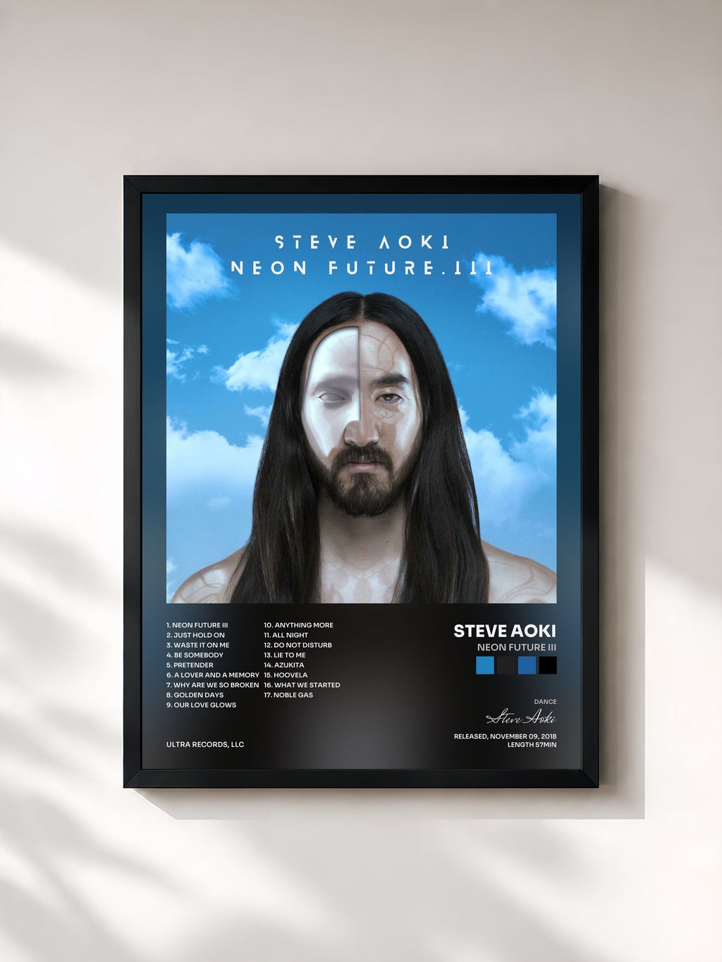#noir Tableau de l'album Neon Future III de Steve Aoki, cadre noir, imprimé et encadré en France