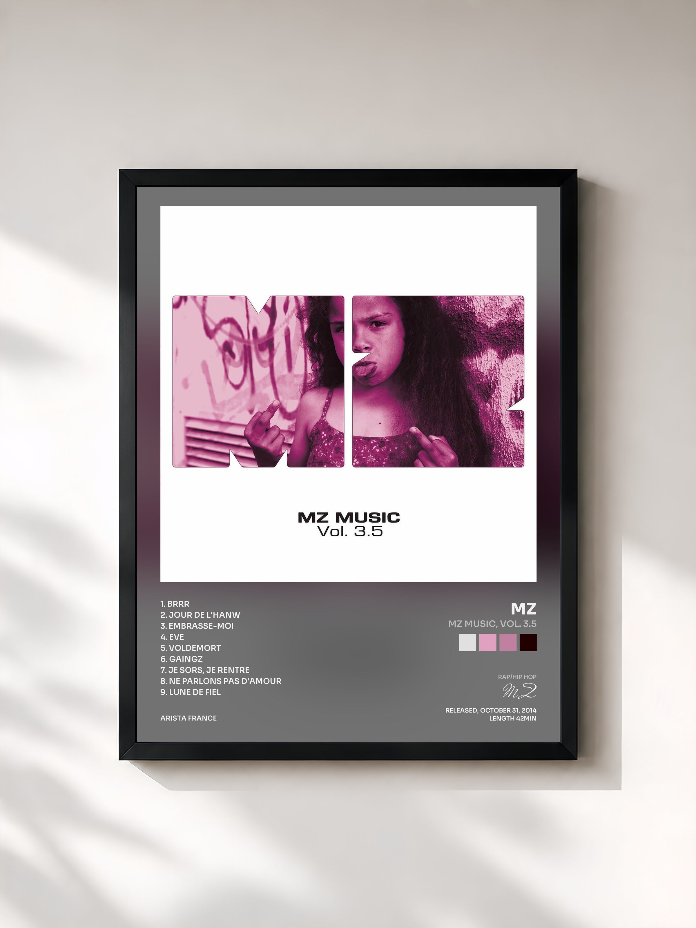 #noir Tableau de l'album MZ Music, Vol. 3.5 de MZ, cadre noir, imprimé et encadré en France