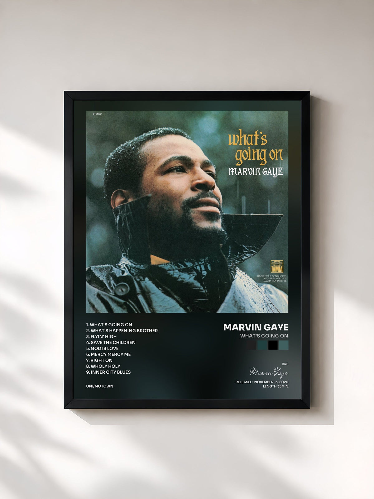 #noir Tableau de l'album What's Going On de Marvin Gaye, cadre noir, imprimé et encadré en France