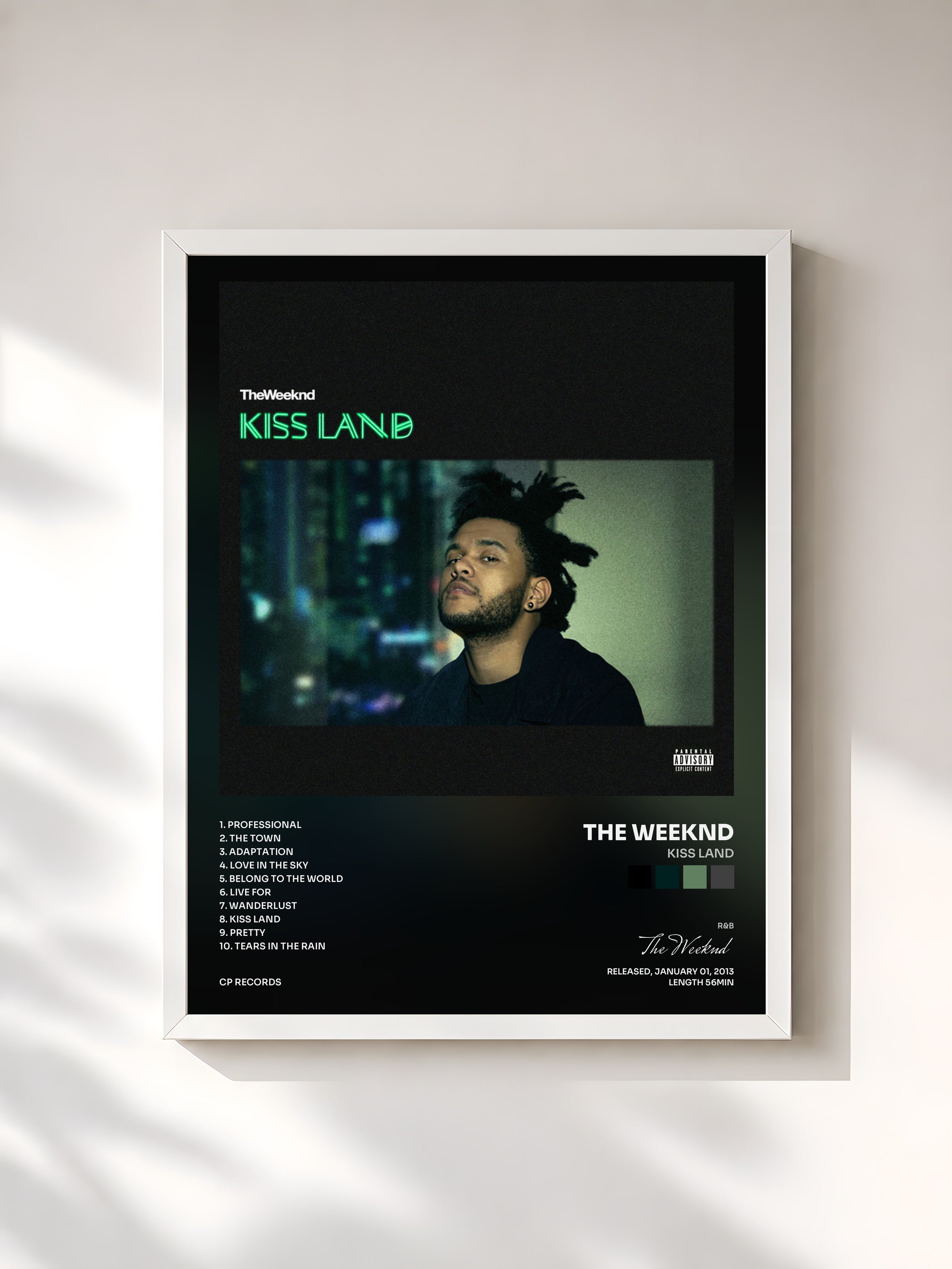 #blanc Tableau de l'album Kiss Land de The Weeknd, cadre blanc, imprimé et encadré en France