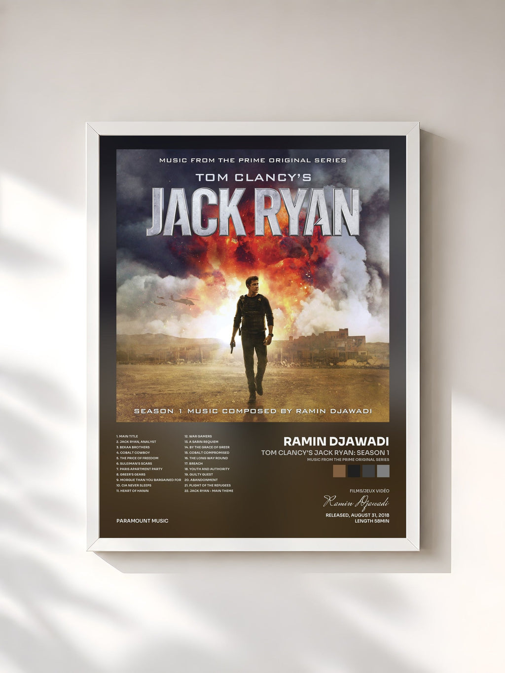#blanc Tableau de l'album Tom Clancy's Jack Ryan: Season 1 (Music from the Prime Original Series) de Ramin Djawadi, cadre blanc, imprimé et encadré en France