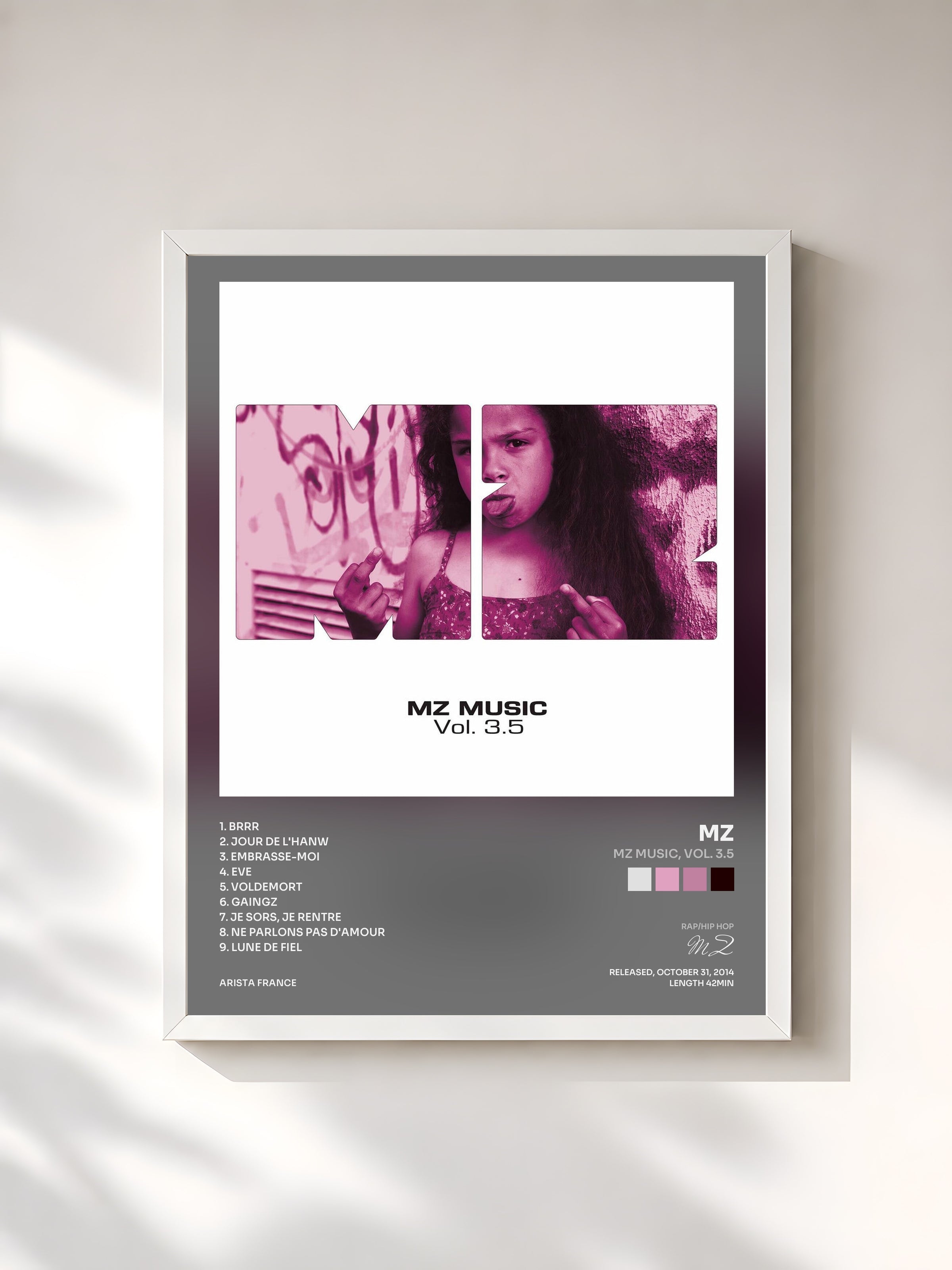 #blanc Tableau de l'album MZ Music, Vol. 3.5 de MZ, cadre blanc, imprimé et encadré en France