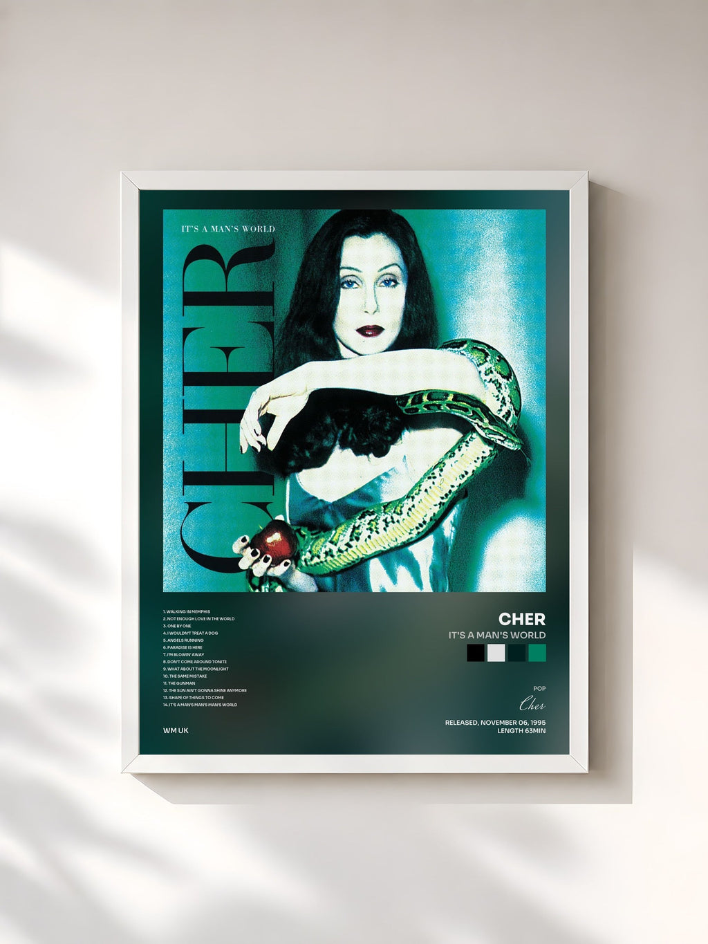 #blanc Tableau de l'album It's a Man's World de Cher, cadre blanc, imprimé et encadré en France