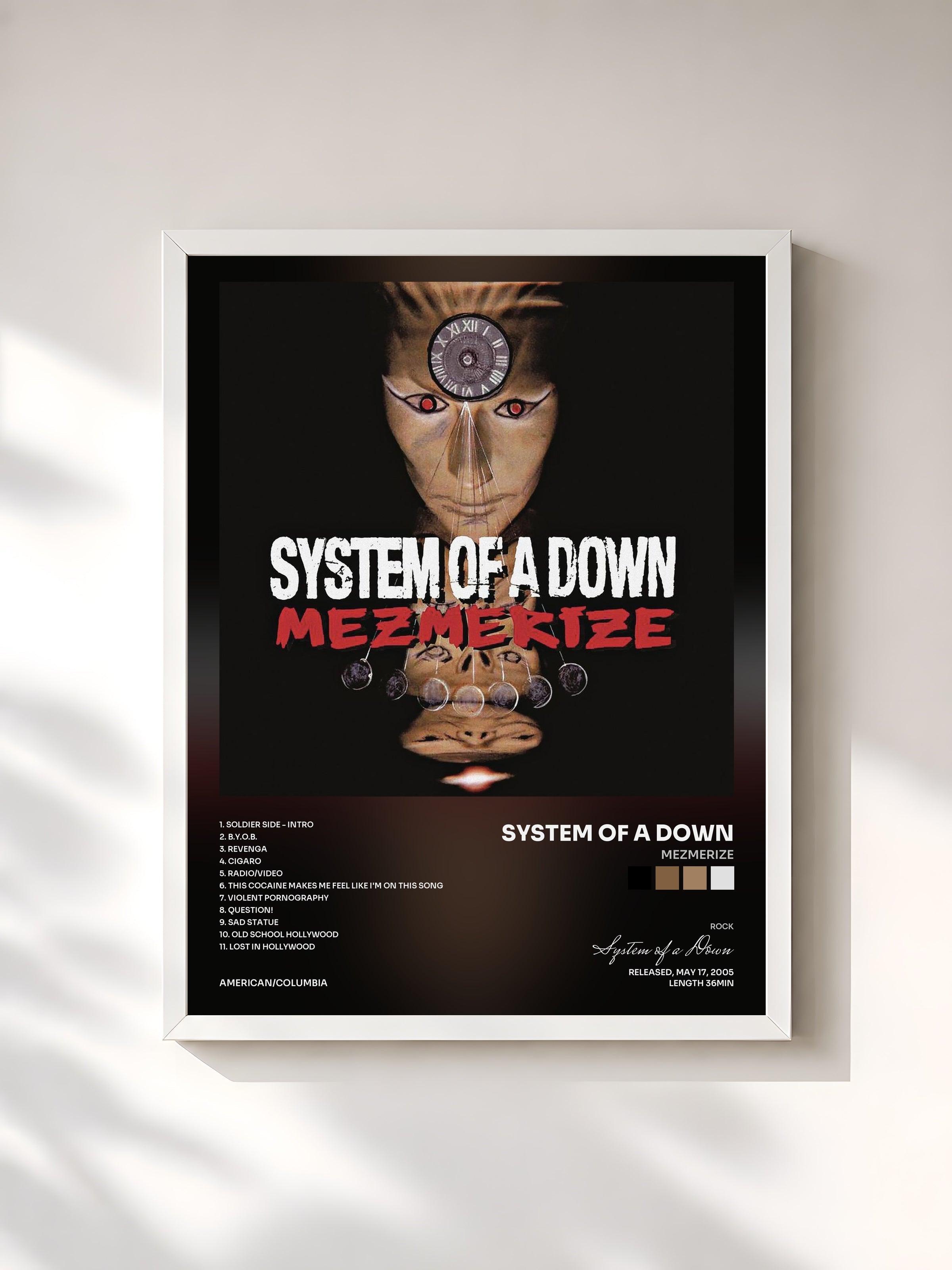 #blanc Tableau de l'album Mezmerize de System of a Down, cadre blanc, imprimé et encadré en France