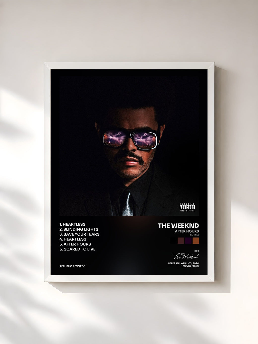 #blanc Tableau de l'album After Hours (Remixes) de The Weeknd, cadre blanc, imprimé et encadré en France