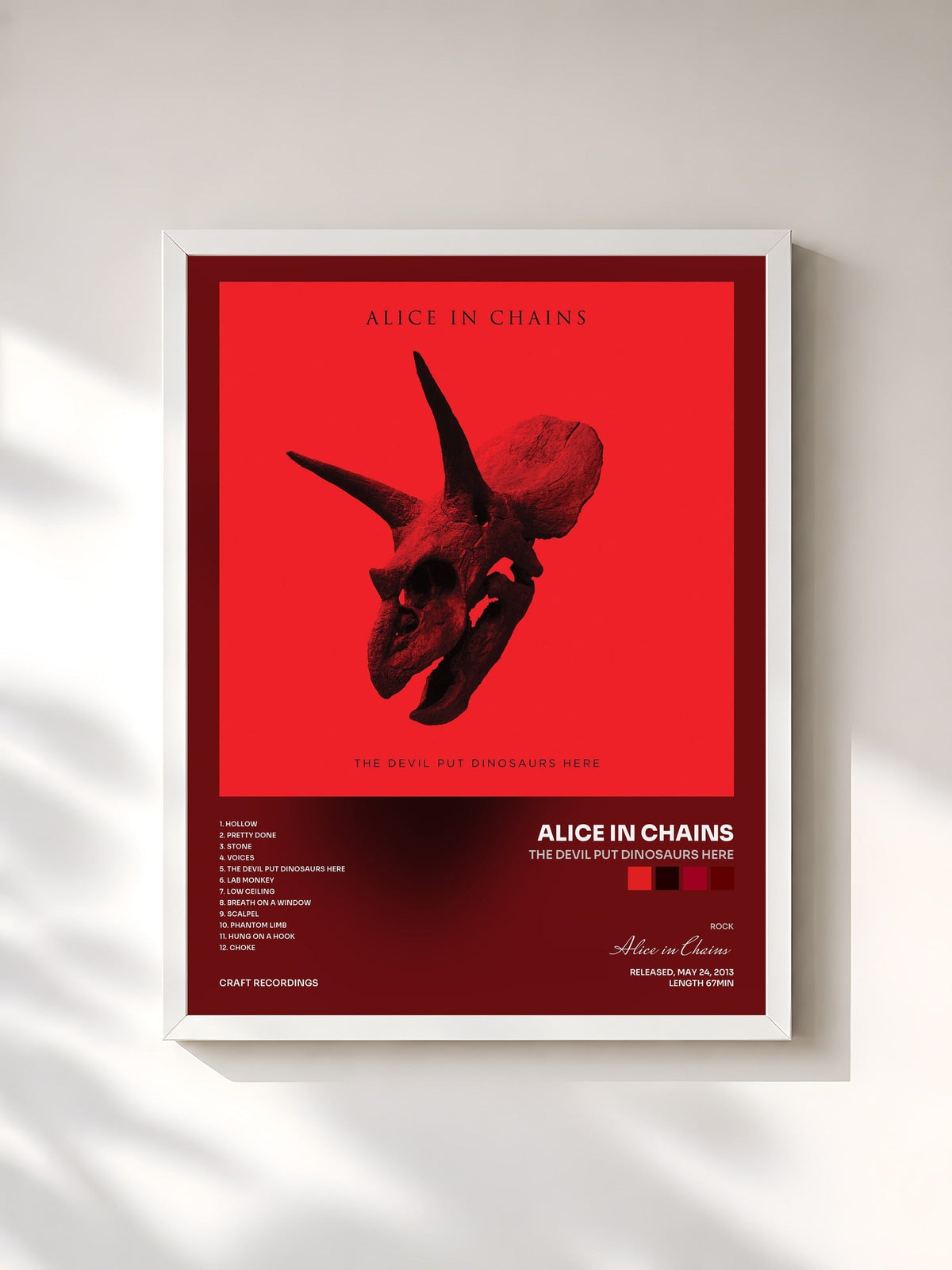 #blanc Tableau de l'album The Devil Put Dinosaurs Here de Alice in Chains, cadre blanc, imprimé et encadré en France
