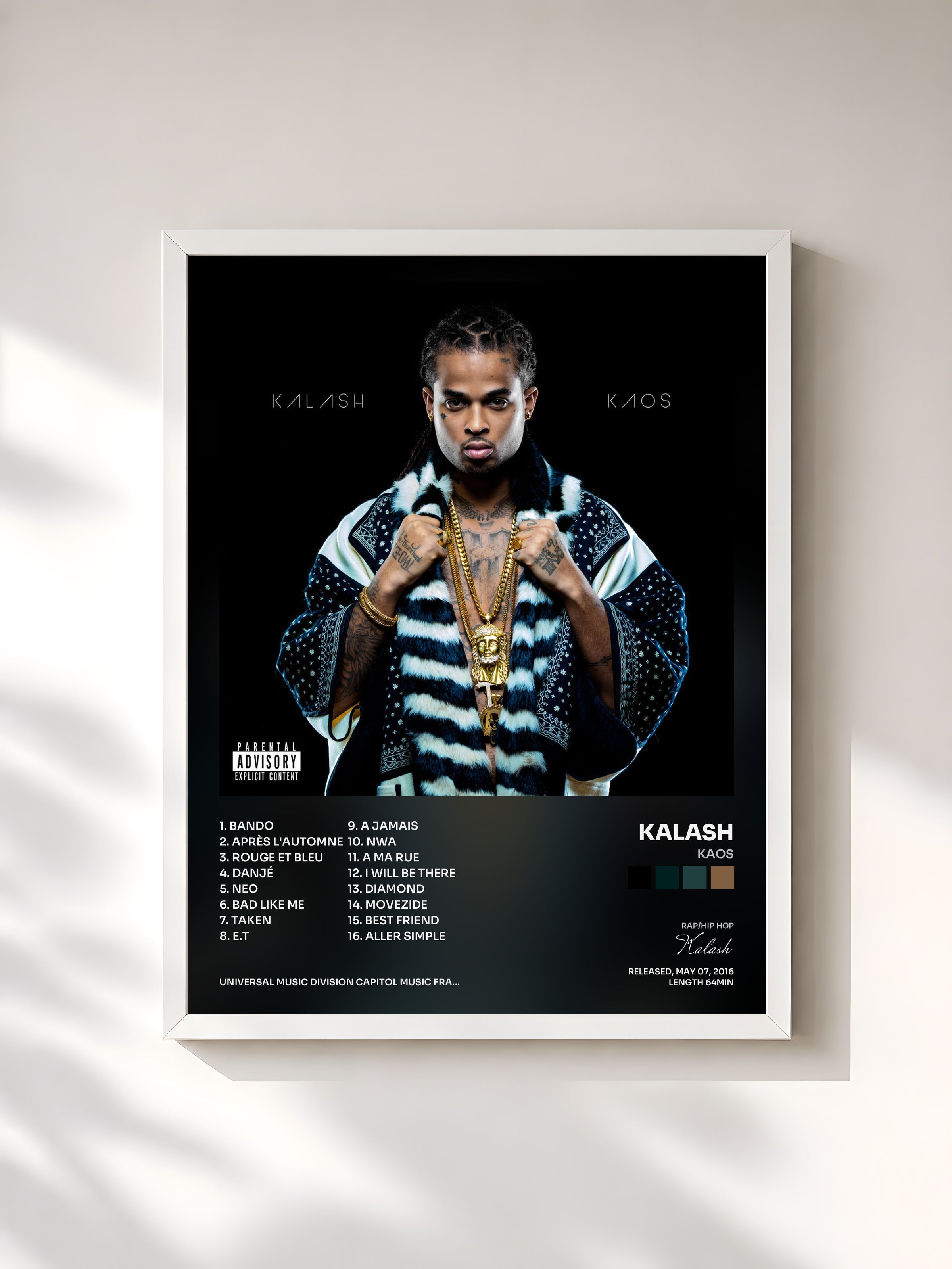 #blanc Tableau de l'album Kaos de Kalash, cadre blanc, imprimé et encadré en France