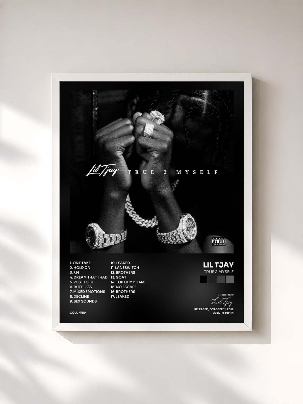 #blanc Tableau de l'album True 2 Myself de Lil Tjay, cadre blanc, imprimé et encadré en France