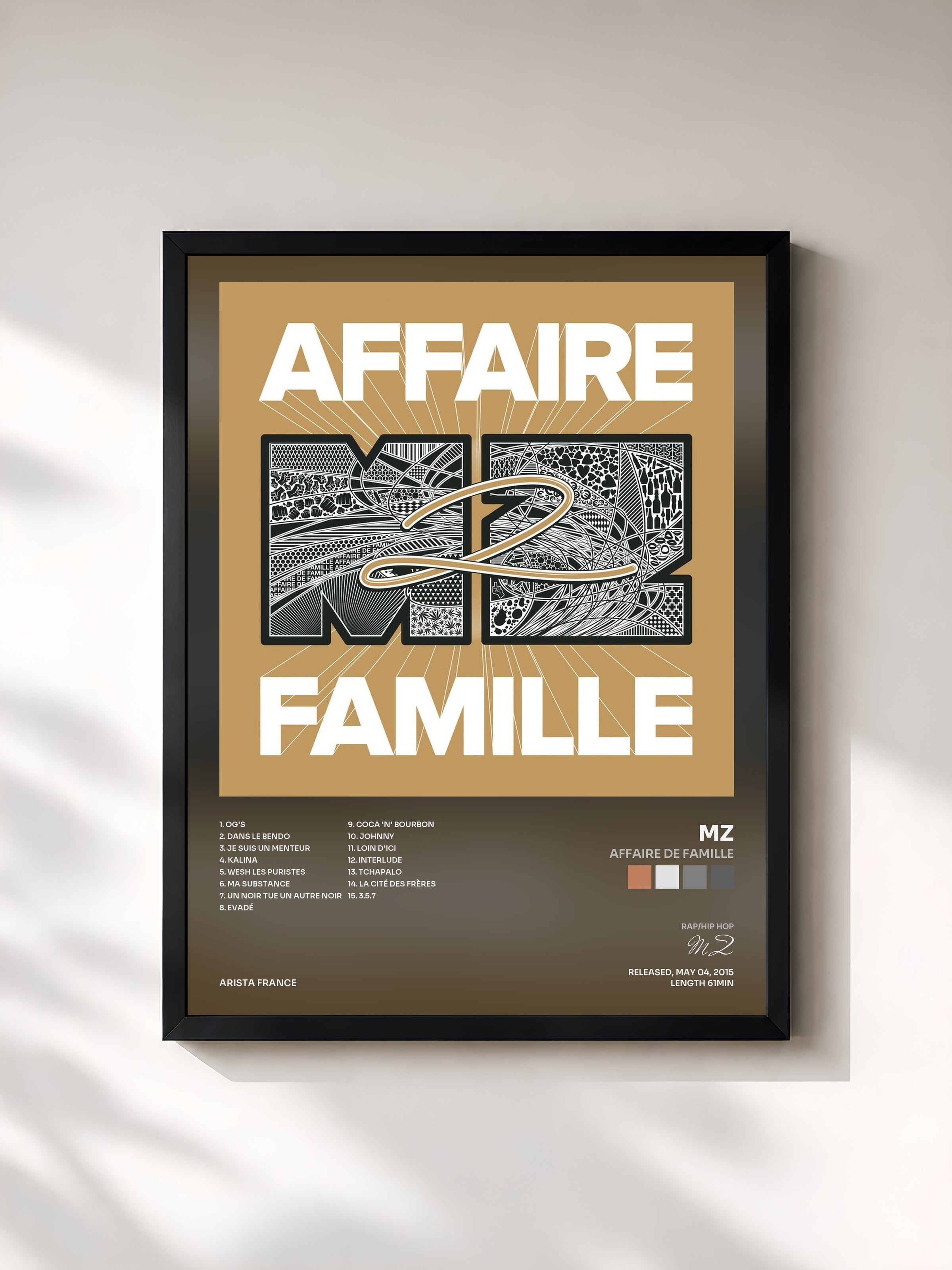 #noir Tableau de l'album Affaire de famille de MZ, cadre noir, imprimé et encadré en France
