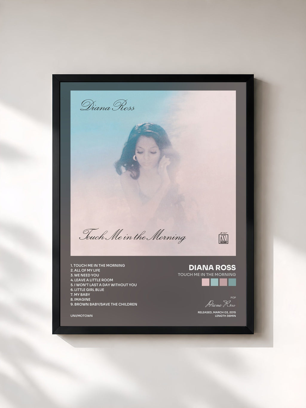 #noir Tableau de l'album Touch Me In The Morning de Diana Ross, cadre noir, imprimé et encadré en France