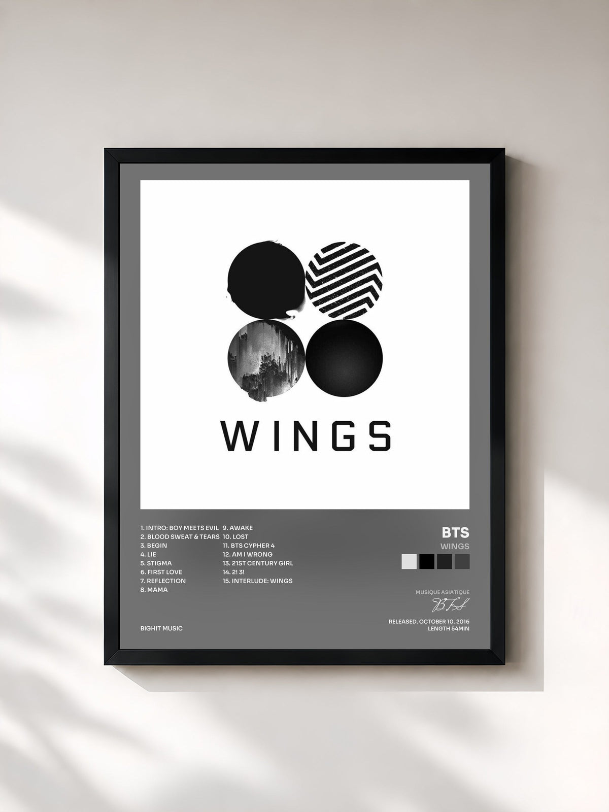 #noir Tableau de l'album Wings de BTS, cadre noir, imprimé et encadré en France