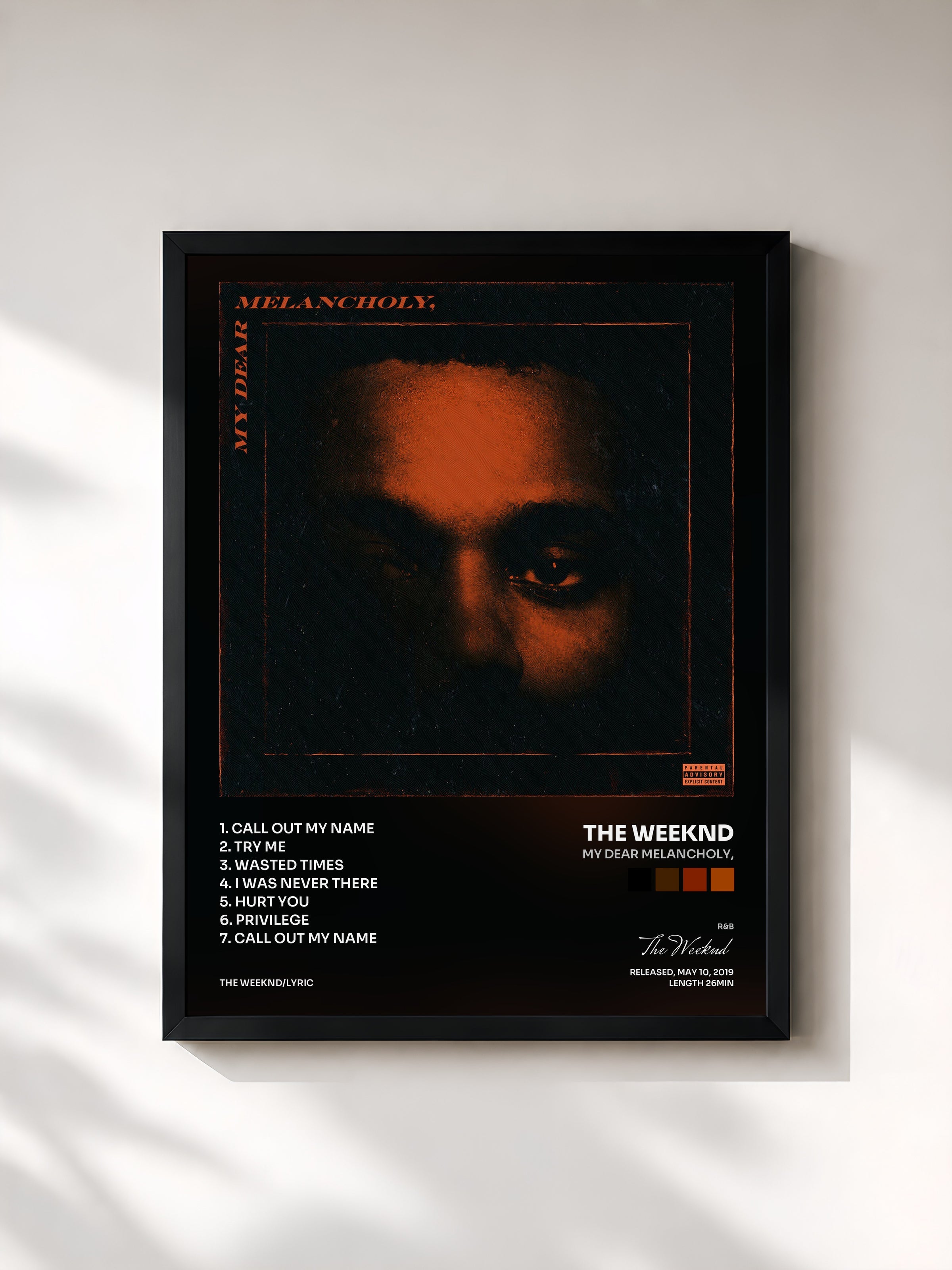 #noir Tableau de l'album My Dear Melancholy, de The Weeknd, cadre noir, imprimé et encadré en France