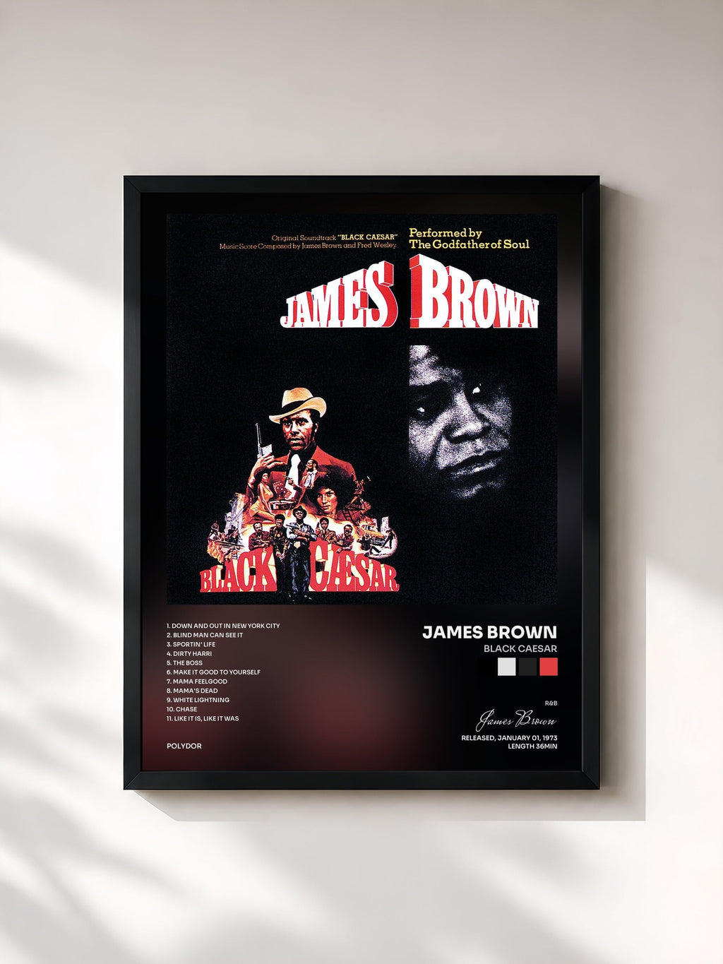 #noir Tableau de l'album Black Caesar de James Brown, cadre noir, imprimé et encadré en France