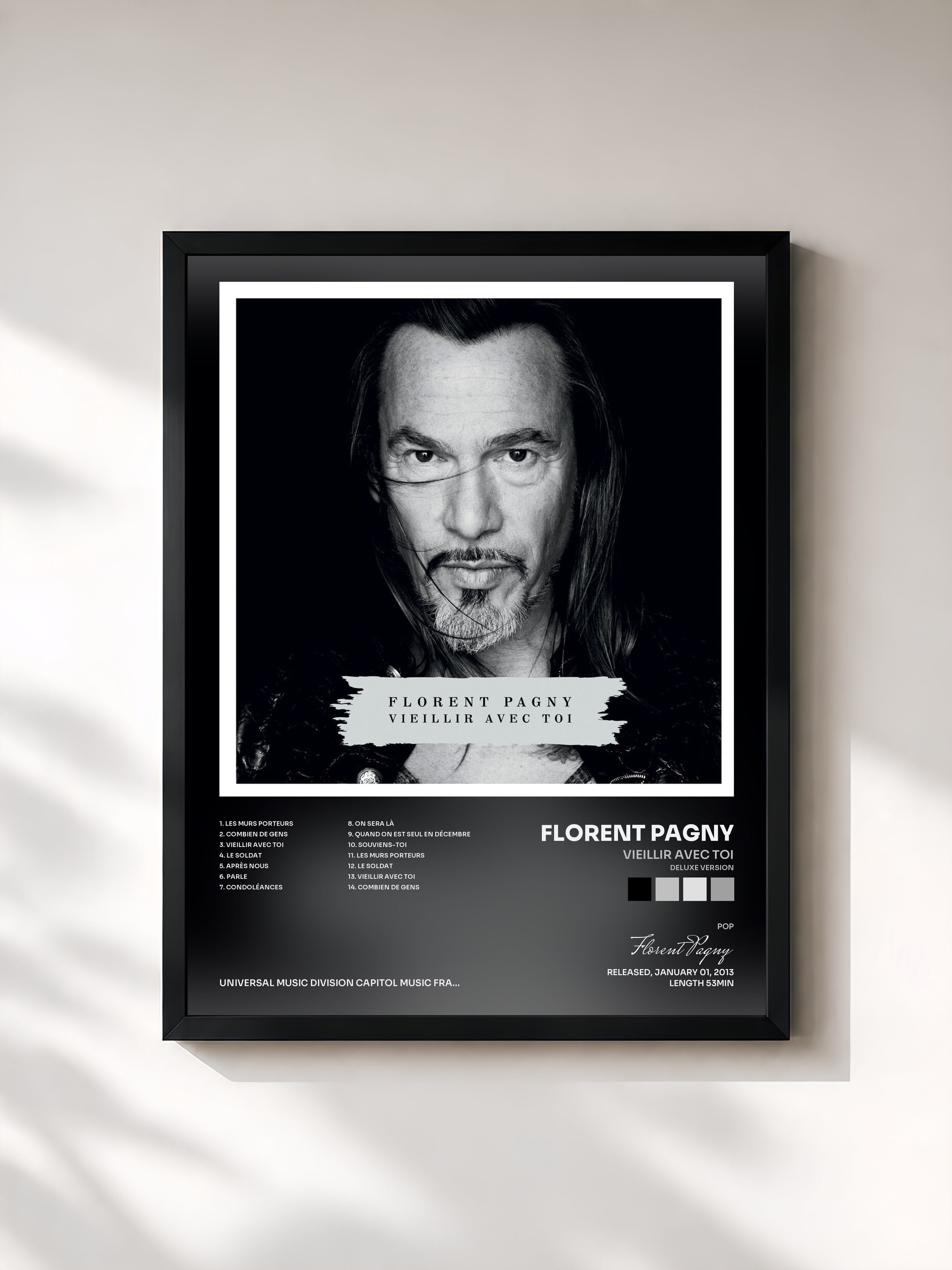 #noir Tableau de l'album Vieillir Avec Toi (Deluxe Version) de Florent Pagny, cadre noir, imprimé et encadré en France