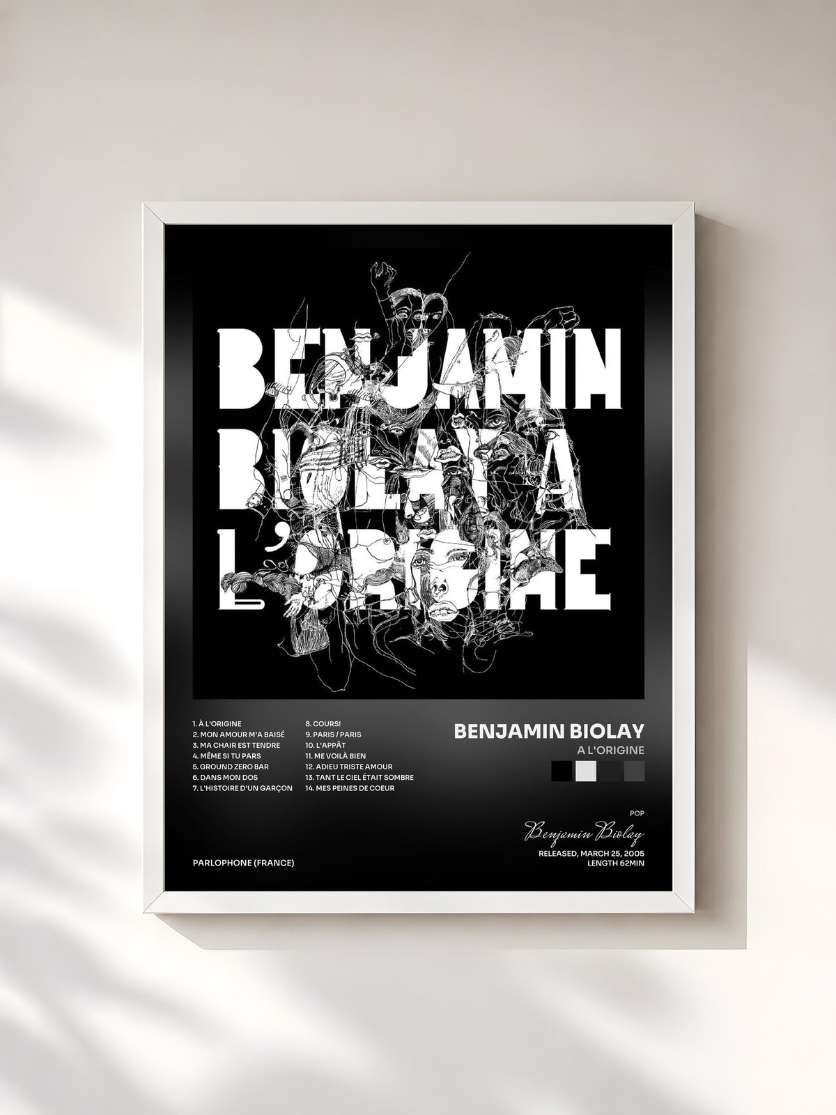 #blanc A L'Origine by Benjamin Biolay as a framed art print, white frame, printed and framed in France