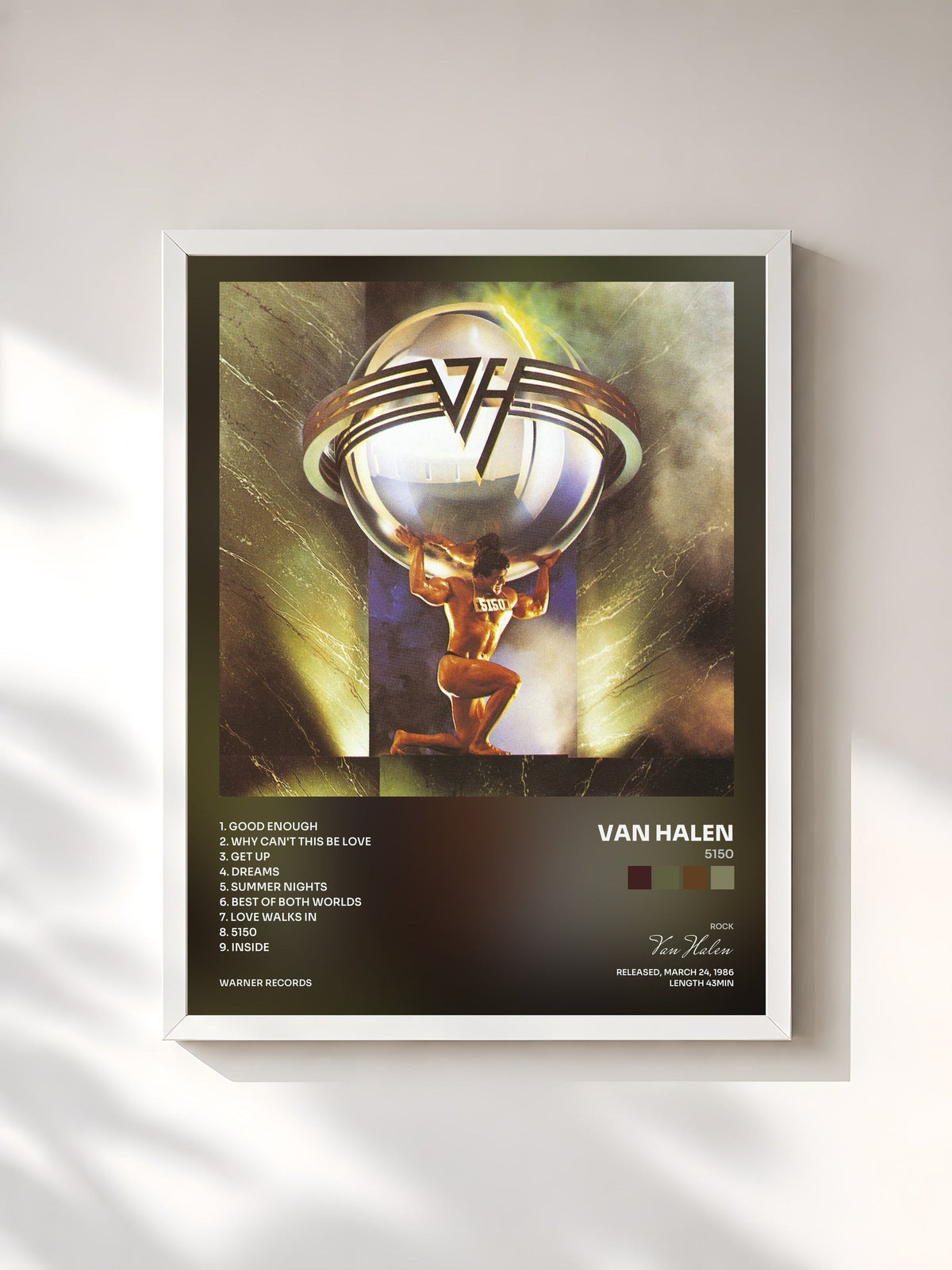 #blanc Tableau de l'album 5150 de Van Halen, cadre blanc, imprimé et encadré en France