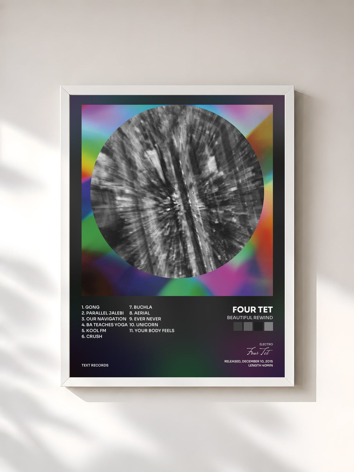#blanc Beautiful Rewind de Four Tet en lámina enmarcada, marco blanco, impresa y enmarcada en Francia