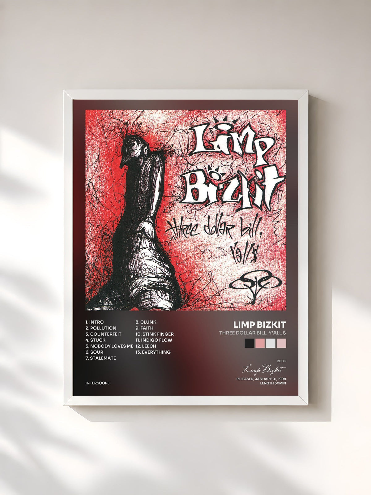 #blanc Tableau de l'album Three Dollar Bill, Y'all $ de Limp Bizkit, cadre blanc, imprimé et encadré en France
