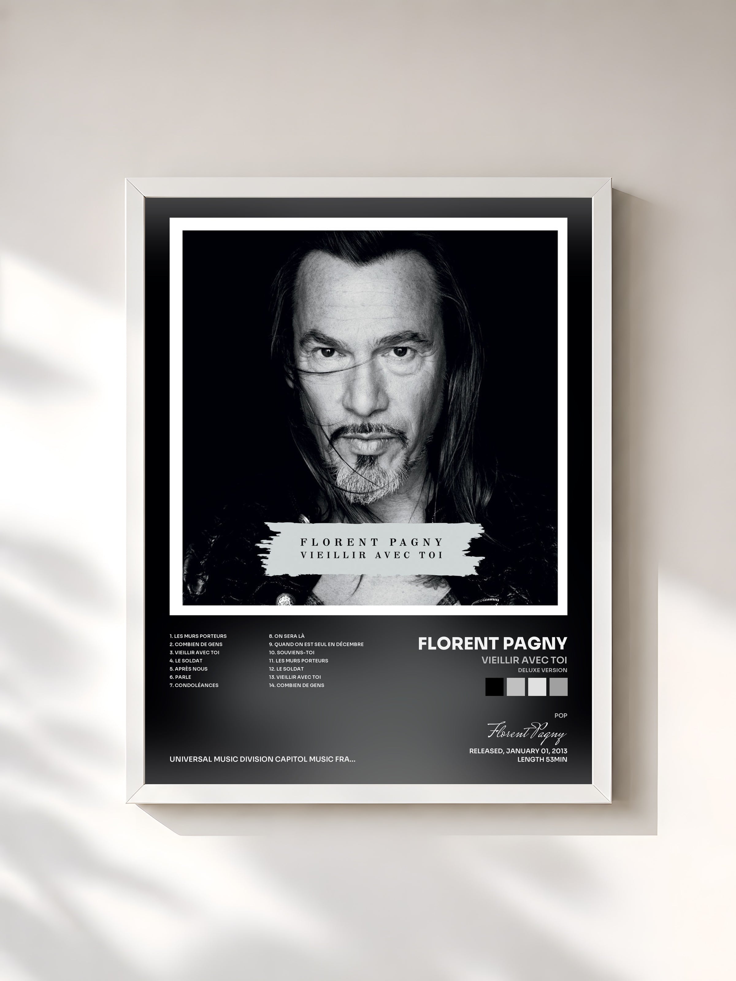#blanc Tableau de l'album Vieillir Avec Toi (Deluxe Version) de Florent Pagny, cadre blanc, imprimé et encadré en France