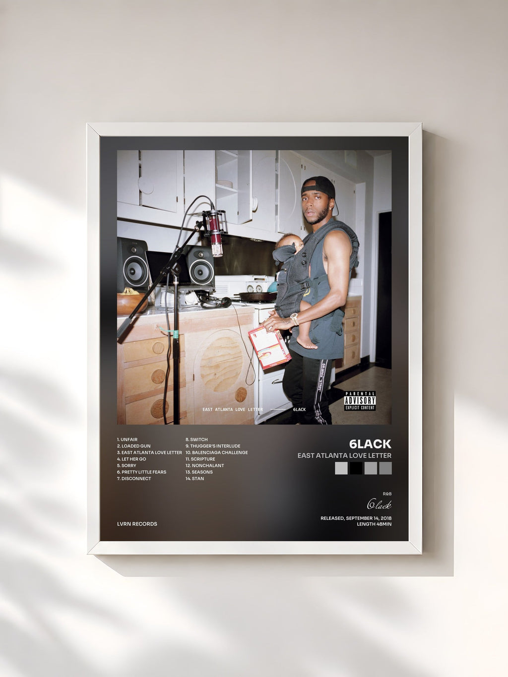 #blanc Tableau de l'album East Atlanta Love Letter de 6lack, cadre blanc, imprimé et encadré en France